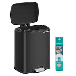 Songmics Home - Trash Can, Garbage Can with Lid, 5.2-Gallon (20L) Step Trash Bin for Kitchen, Stainless Steel, Soft Close and Stays Open - Black