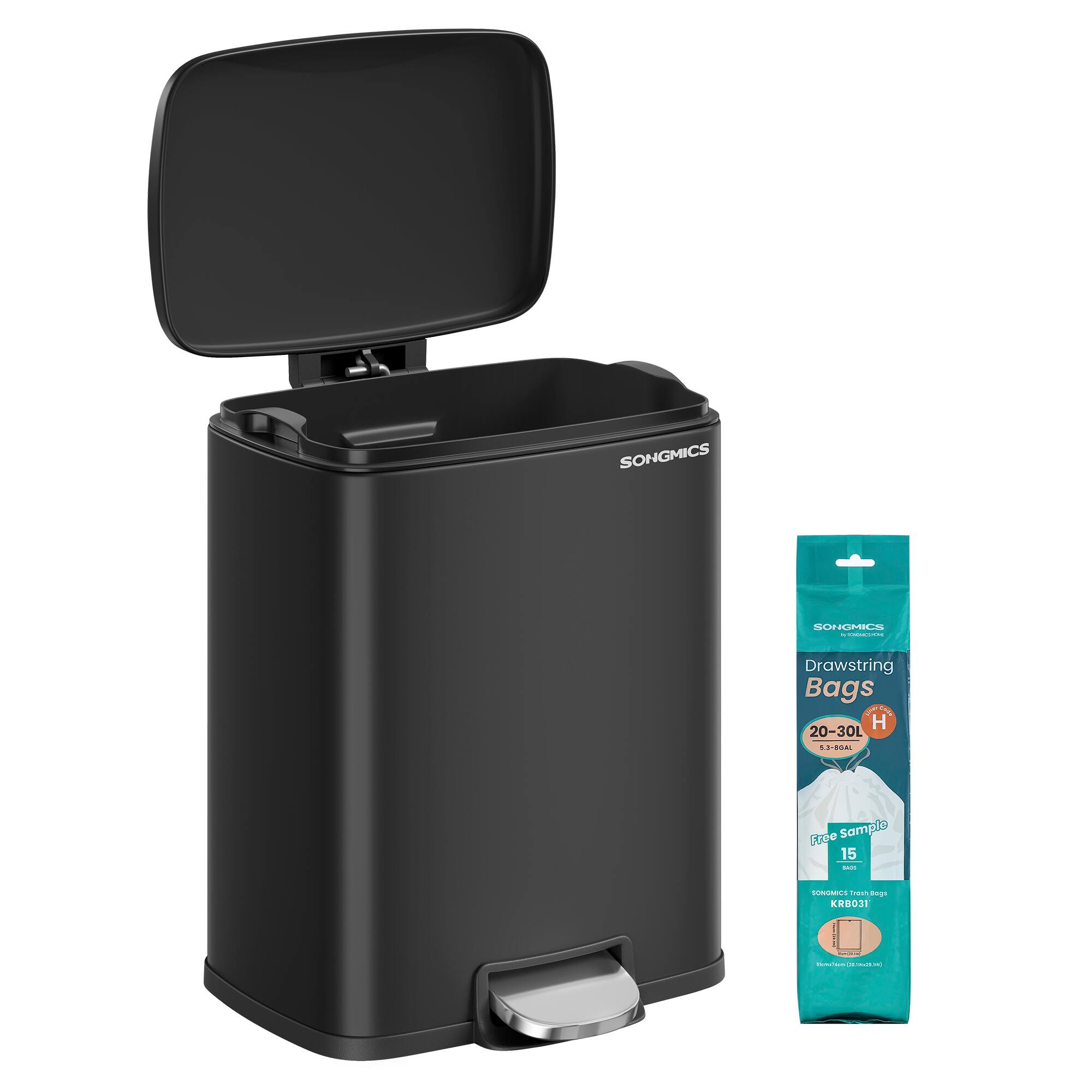 Songmics Home - Trash Can, Garbage Can with Lid, 5.2-Gallon (20L) Step Trash Bin for Kitchen, Stainless Steel, Soft Close and Stays Open - Black