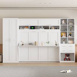 Tiramisubest - Queen Size Murphy Bed with Closet, Drawers & Shelves, White, MDF+LVL, 151L x 65W x 91H, 459lbs - White
