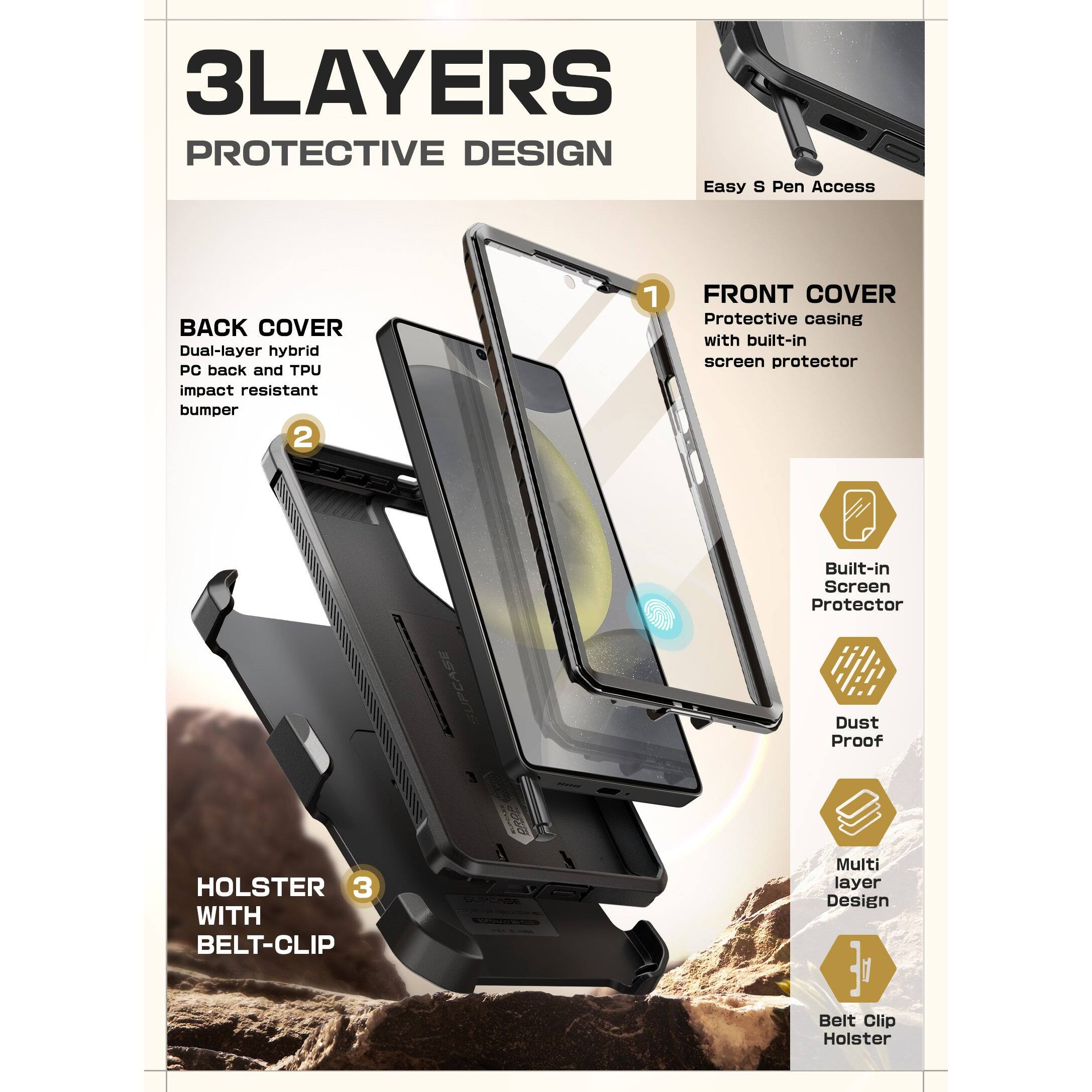 3LAYERS  
PROTECTIVE DESIGN  

BACK COVER  
Dual-layer hybrid PC back and TPU impact resistant bumper  

FRONT COVER  
Protective casing with built-in screen protector  

HOLSTER WITH BELT-CLIP  

Easy S Pen Access  

Built-in Screen Protector  
Dust Proof  
Multi layer Design  
Belt Clip Holster