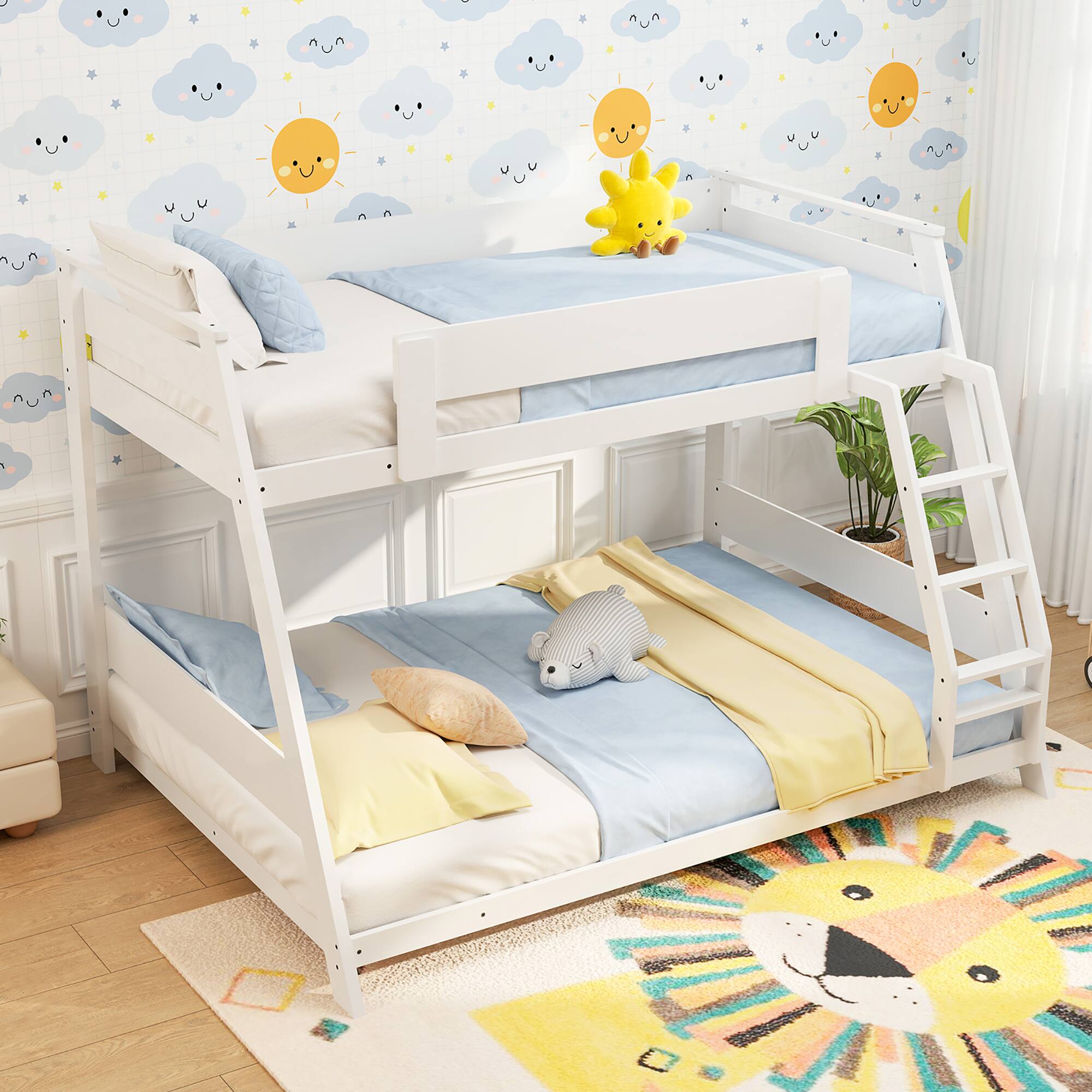 Alt View 3. Gymax - Gymax Twin Over Full Low Bunk Bed Solid Wooden Floor Bunk Bed w/ Reversible Ladder White - White.