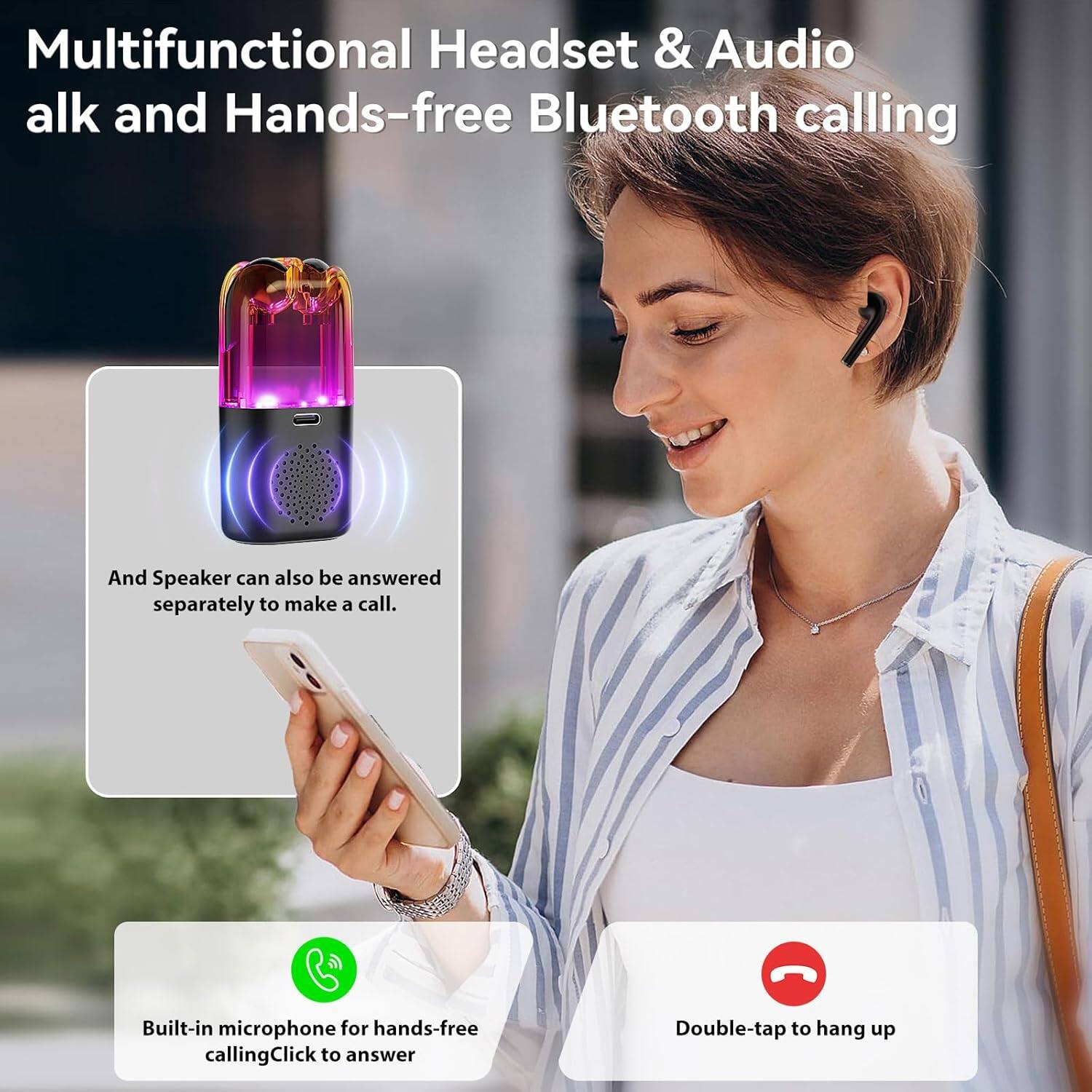 Multifunctional Headset & Audio Talk and Hands-free Bluetooth calling

- And Speaker can also be answered separately to make a call.
- Built-in microphone for hands-free calling. Click to answer
- Double-tap to hang up