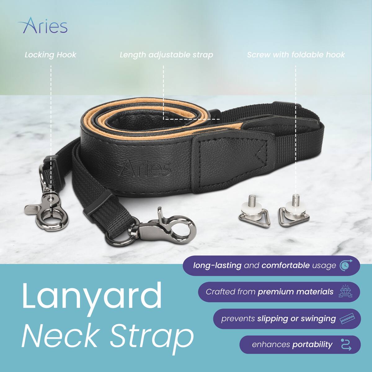 Aries Locking Hook Length adjustable strap Screw with foldable hook Aries long-lasting and comfortable usage Crafted from premium materials Lanyard prevents slipping or swinging Neck Strap enhances portability