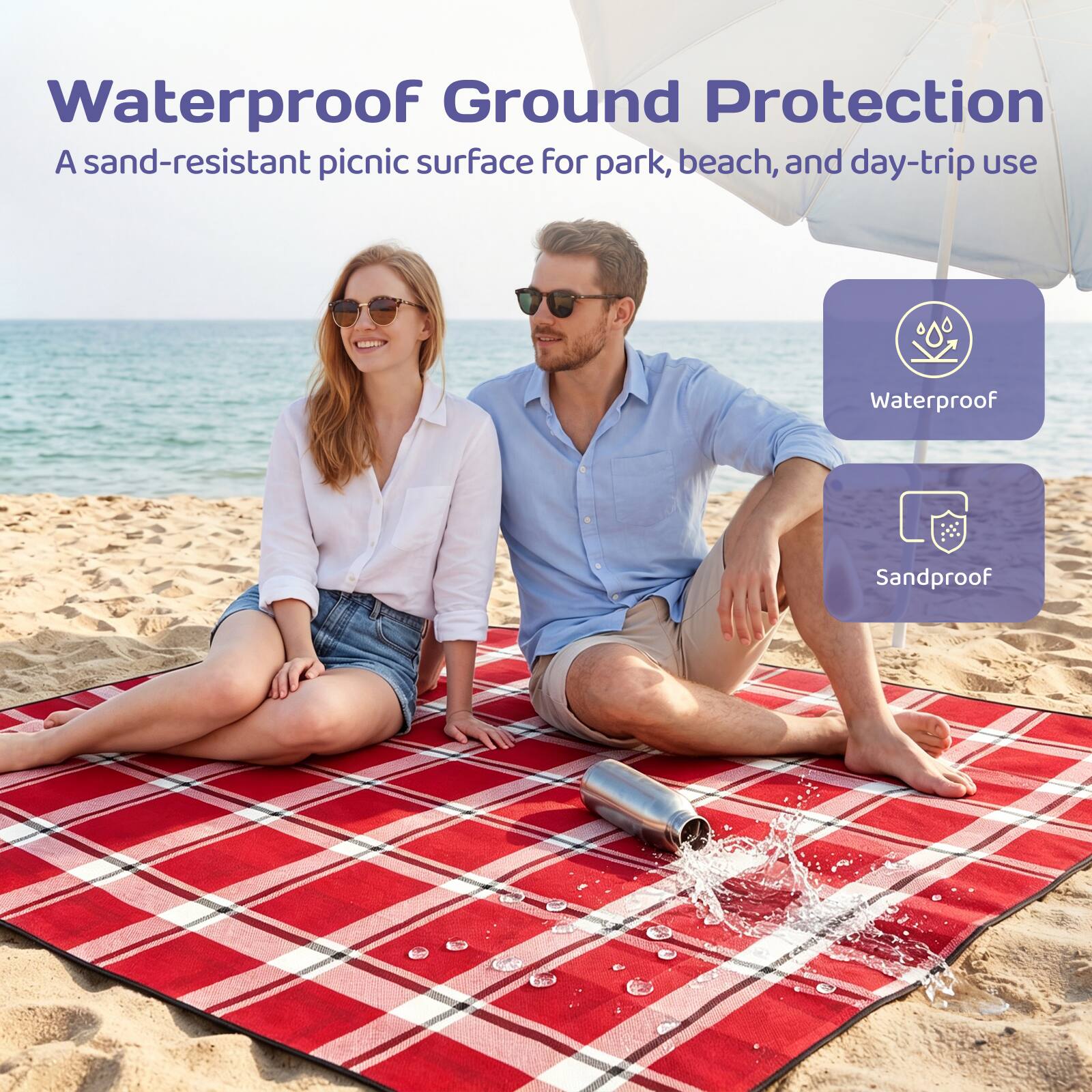 Waterproof Ground Protection  
A sand-resistant picnic surface for park, beach, and day-trip use  
Waterproof  
Sandproof