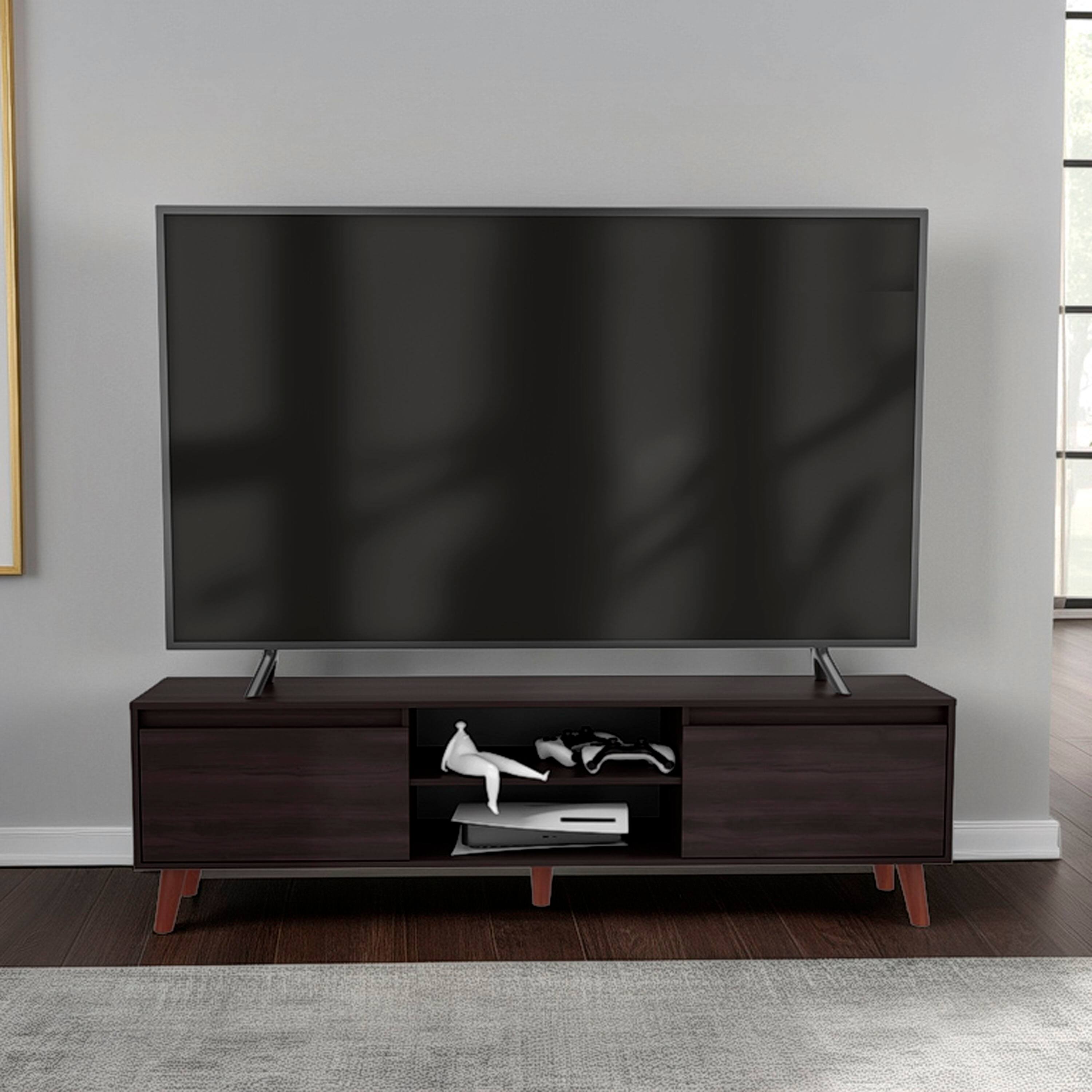 Front. TinyHomie - TV Stand for TVs up to 75 Inches Modern Entertainment Console with Cabinets and Open Shelves - Walnut.