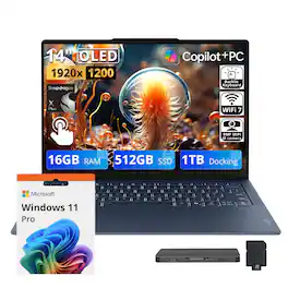 Lenovo - Upgraded - Yoga Slim 7x 14"2K OLED Touch Laptop,Snapdragon X2 Plus,16GB RAM,512GB SSD+1TB Dock,Backlit,Win11 Pro - Cosmic Blue