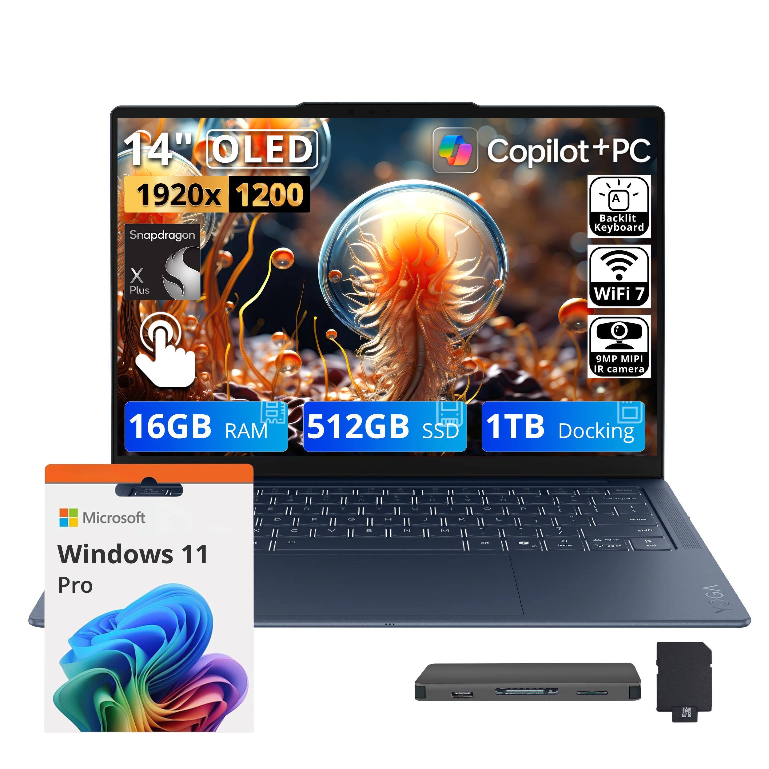 14" OLED 1920x1200 Snapdragon X Plus  
Copilot + PC  
Backlit Keyboard  
WiFi 7  
9MP MIPI IR camera  
16GB RAM 512GB SSD 1TB Docking  
Microsoft Windows 11 Pro