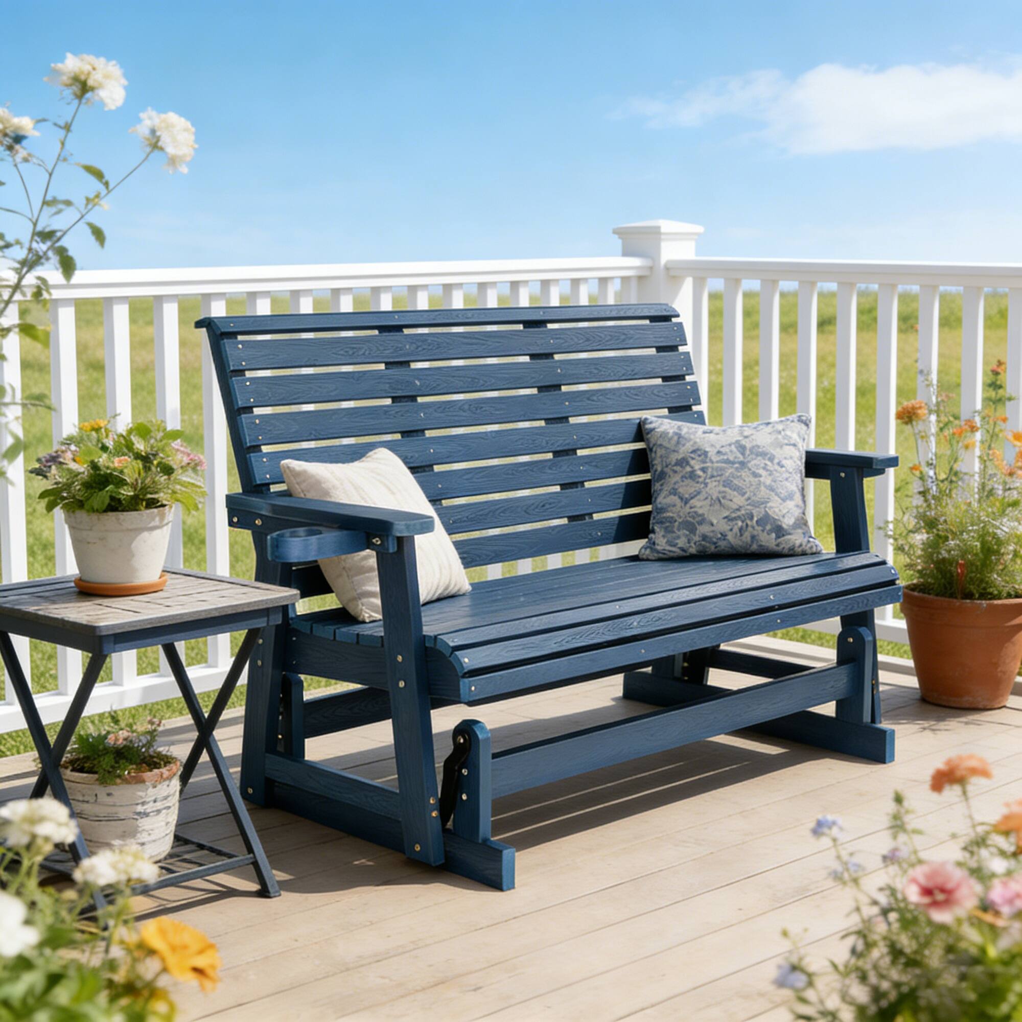 Angle. Fortune Candy - HIPS Patio Glider Bench w/Cup Holders, All-Weather Poly Lumber, High Back & Deep Contoured Seat, for Porch Yard Garden - Navy Blue.