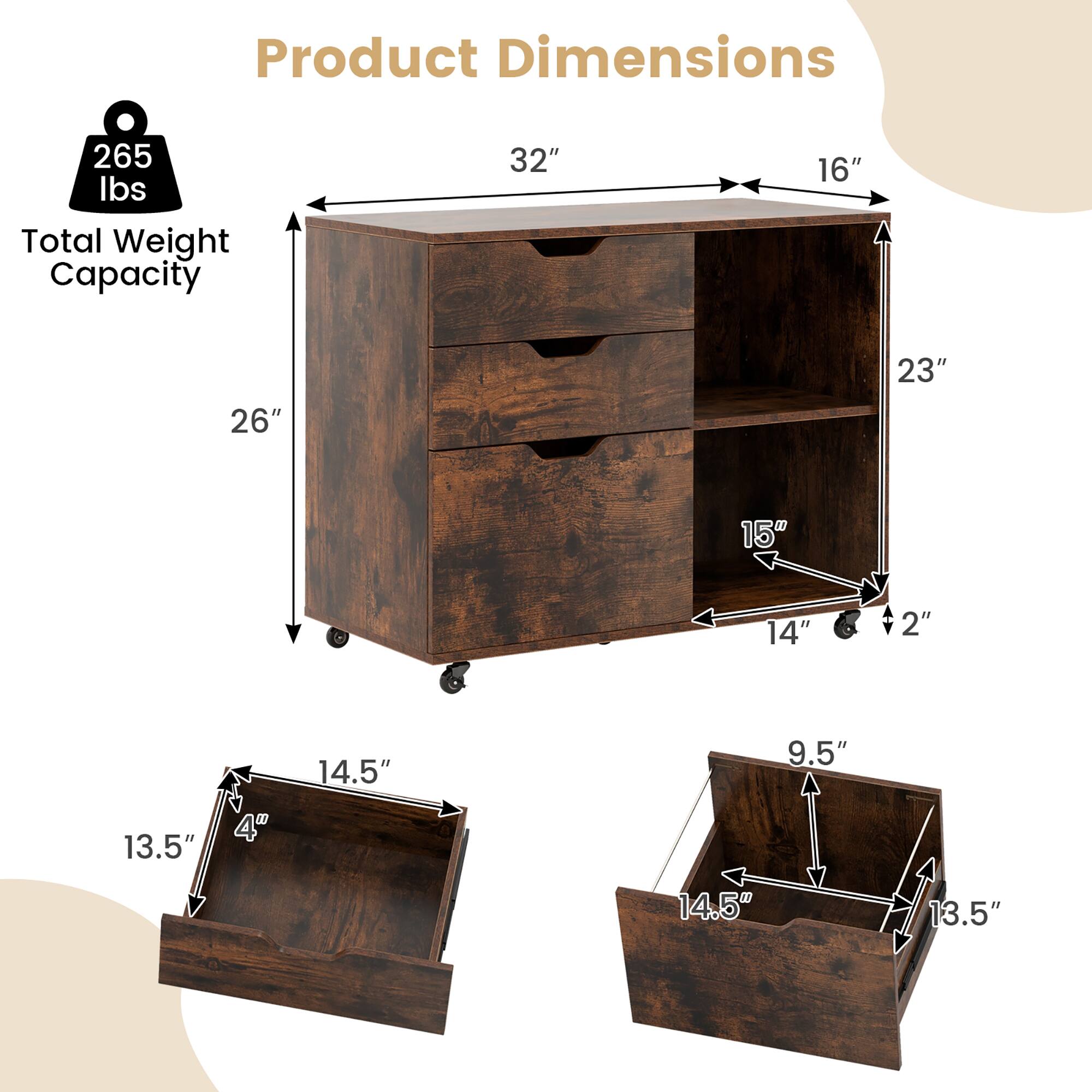 Product Dimensions

- Total Weight Capacity: 265 lbs
- Width: 32"
- Depth: 16"
- Height: 26"
- Shelf Height: 23"
- Shelf Depth: 15"
- Shelf Height: 14"
- Shelf Depth: 14"
- Drawer Height: 14.5"
- Drawer Width: 13.5"
- Drawer Height: 9.5"
- Drawer Width: 14.5"
- Drawer Height: 13.5"
- Drawer Width: 13.5"
- Drawer Height: 4"