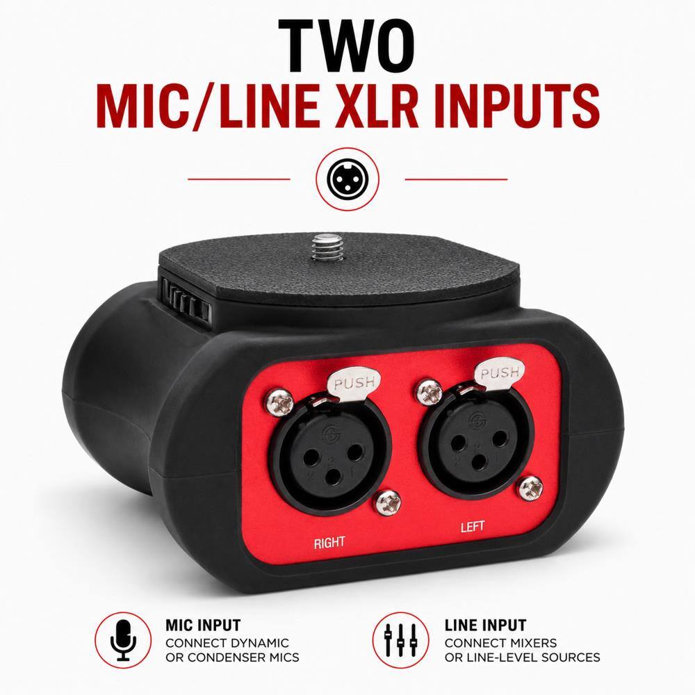 TWO MIC/LINE XLR INPUTS

PUSH
PUSH

RIGHT
LEFT

MIC INPUT CONNECT DYNAMIC OR CONDENSER MICS
LINE INPUT CONNECT MIXERS OR LINE-LEVEL SOURCES