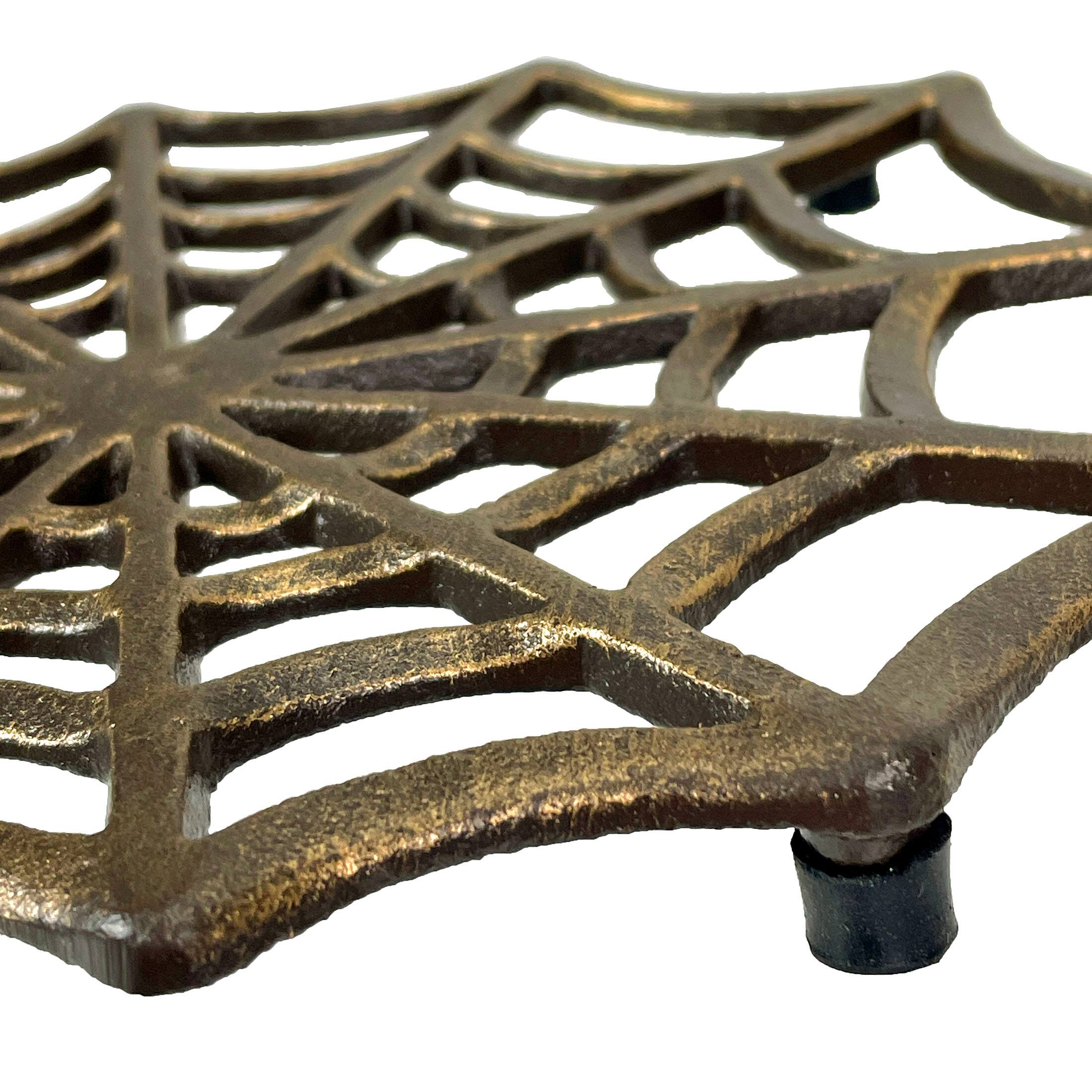 Alt View 2. Zeckos - Cast Iron Spider Web Trivet 8" Bronze Gothic Decor, Kitchen Heat Resistant Mat - Bronze.
