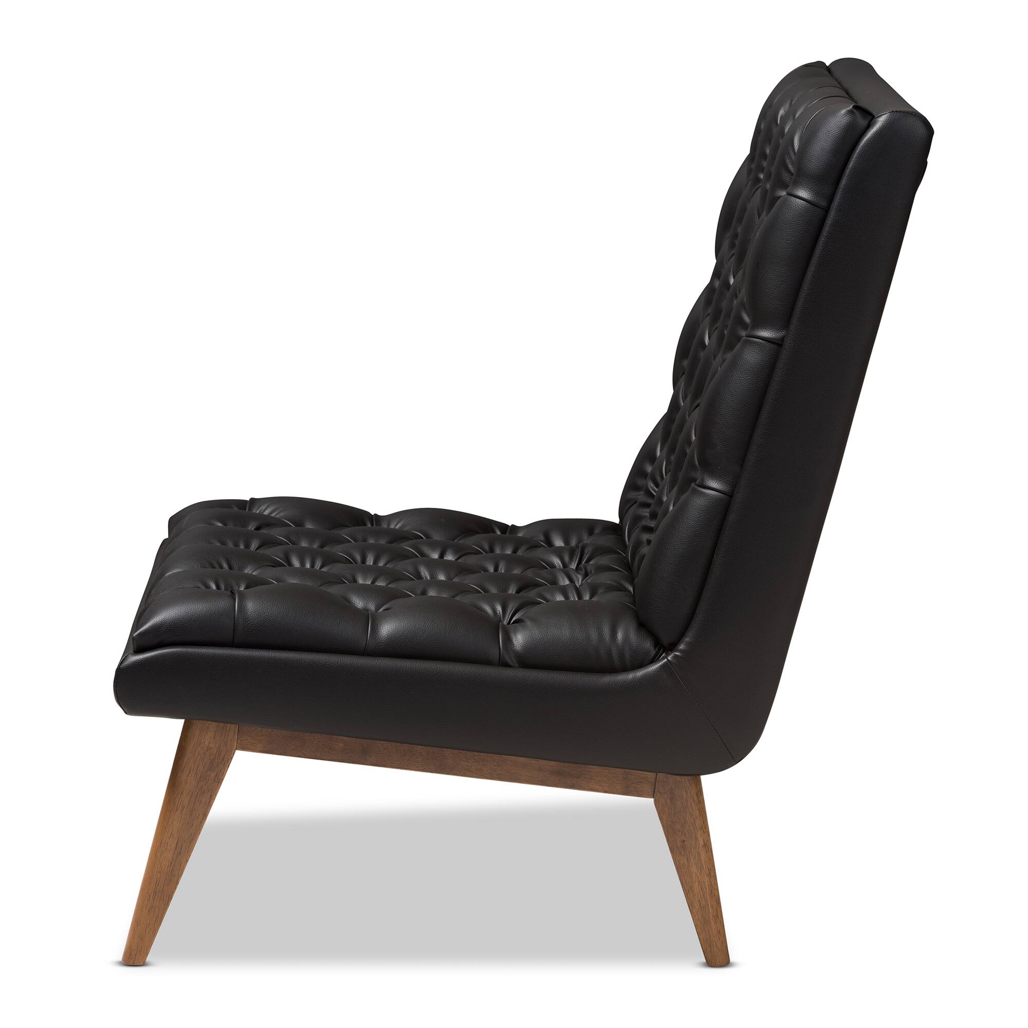 Left. Baxton Studio - Annetha Mid-Century Modern Faux Leather Upholstered Walnut Finished Wood Lounge Chair - Black.