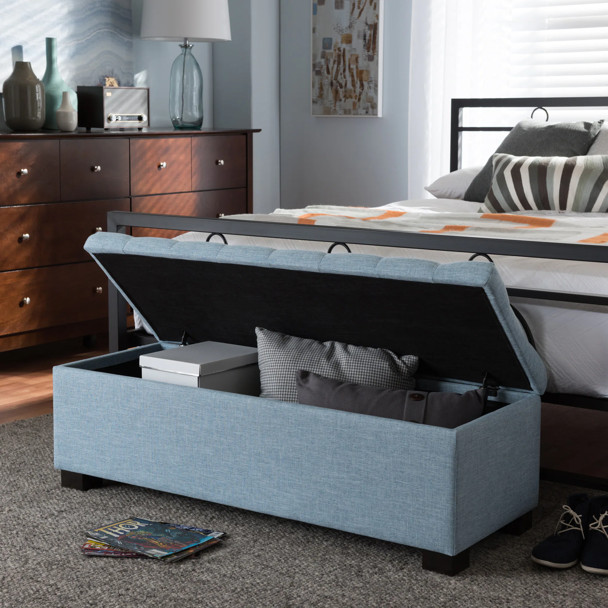 Alt View 5. Baxton Studio - Roanoke Modern and Contemporary Fabric Upholstered Grid-Tufting Storage Ottoman Bench - Light Blue.
