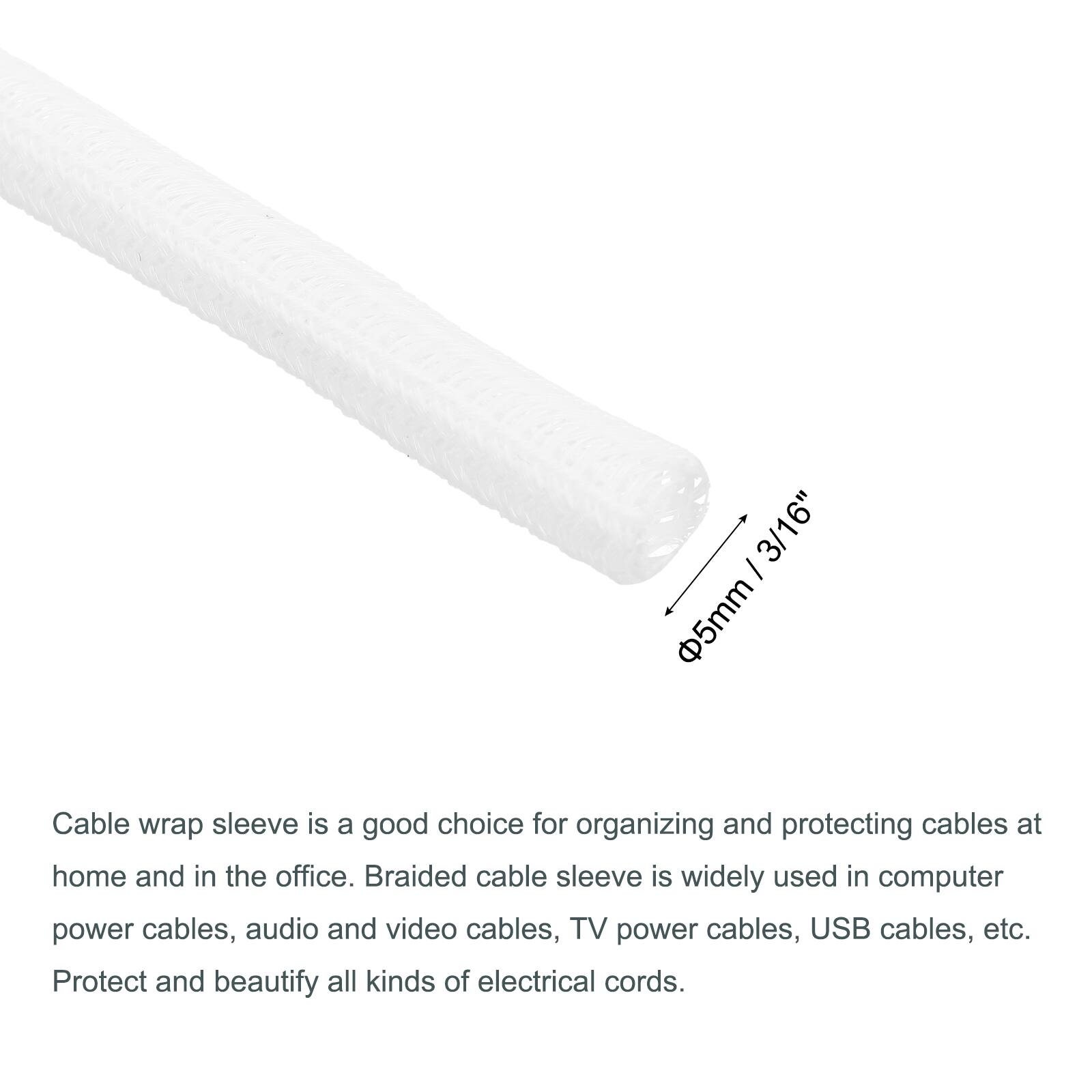 3/16" / 5mm Cable wrap sleeve is a good choice for organizing and protecting cables at home and in the office. Braided cable sleeve is widely used in computer power cables, audio and video cables, TV power cables, USB cables, etc. Protect and beautify all kinds of electrical cords.