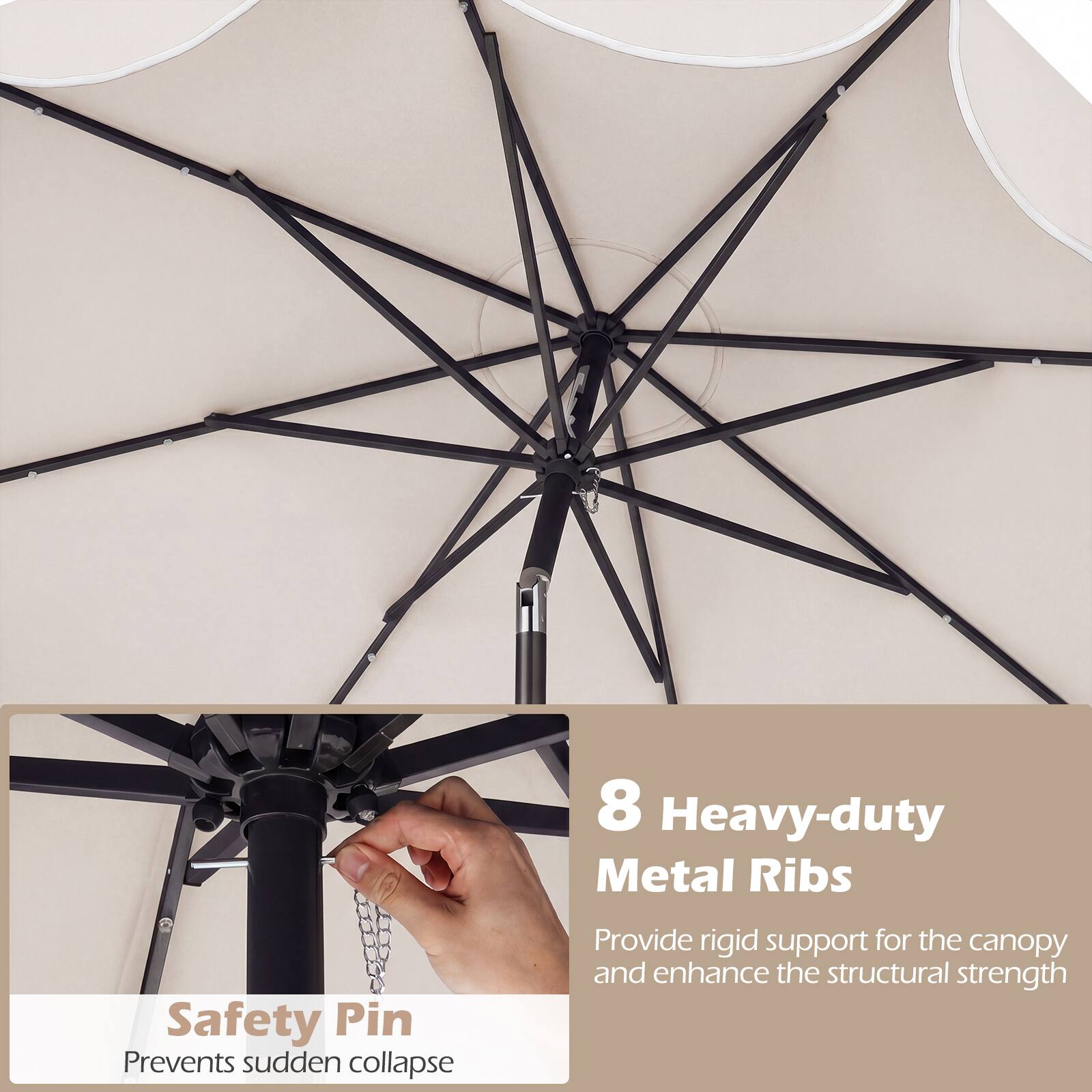 8 Heavy-duty Metal Ribs  
Provide rigid support for the canopy and enhance the structural strength  

Safety Pin  
Prevents sudden collapse