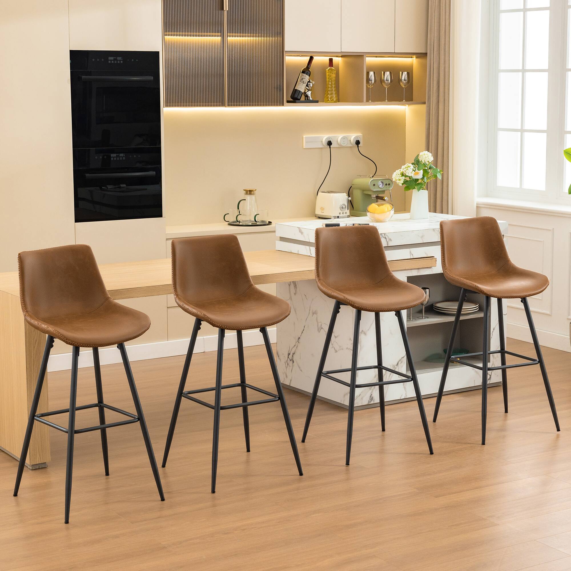 Alt View 4. KERDOM - 4pcs Bar Stools with Back, 24/28 inches Height Counter Bar Chair, PU Leather Armless Kitchen Island High Dining Chair - 28‘’ Height - Brown.