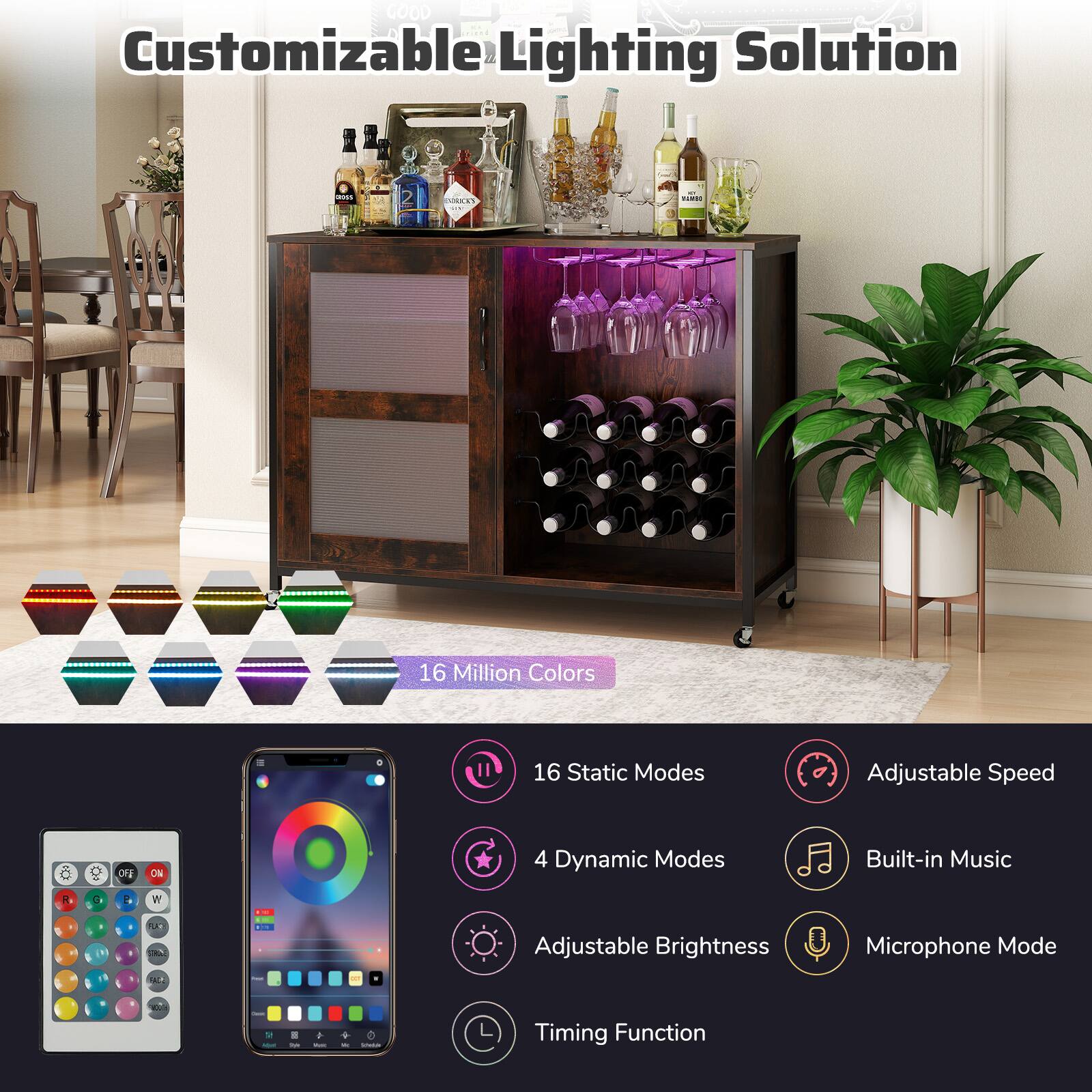 Customizable Lighting Solution

- 16 Million Colors
- 16 Static Modes
- 4 Dynamic Modes
- Adjustable Speed
- Built-in Music
- Adjustable Brightness
- Microphone Mode
- Timing Function