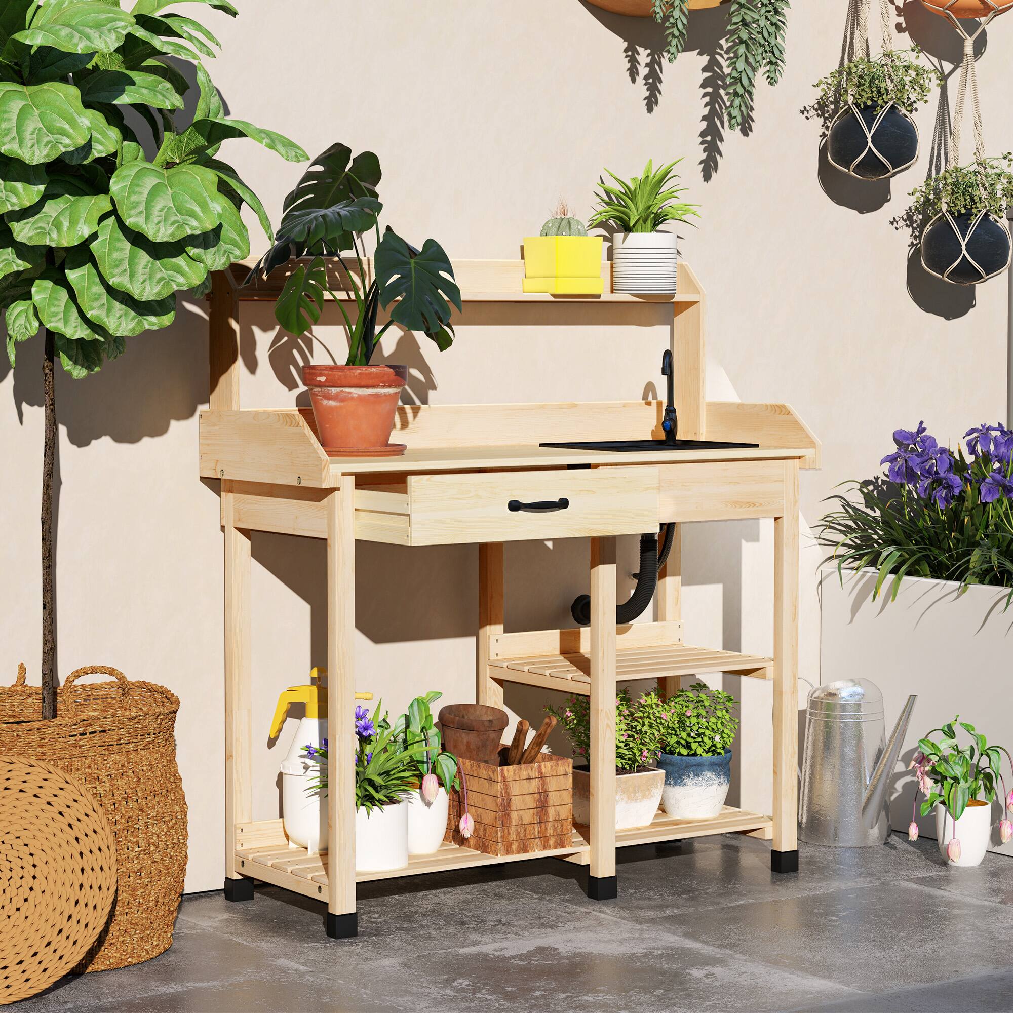 Alt View 1. Outsunny - Potting Bench Table, Outdoor Garden Table Wooden Work Station with Removable Sink, Faucet, Drawer, Shelves, Hooks - Natural Wood.