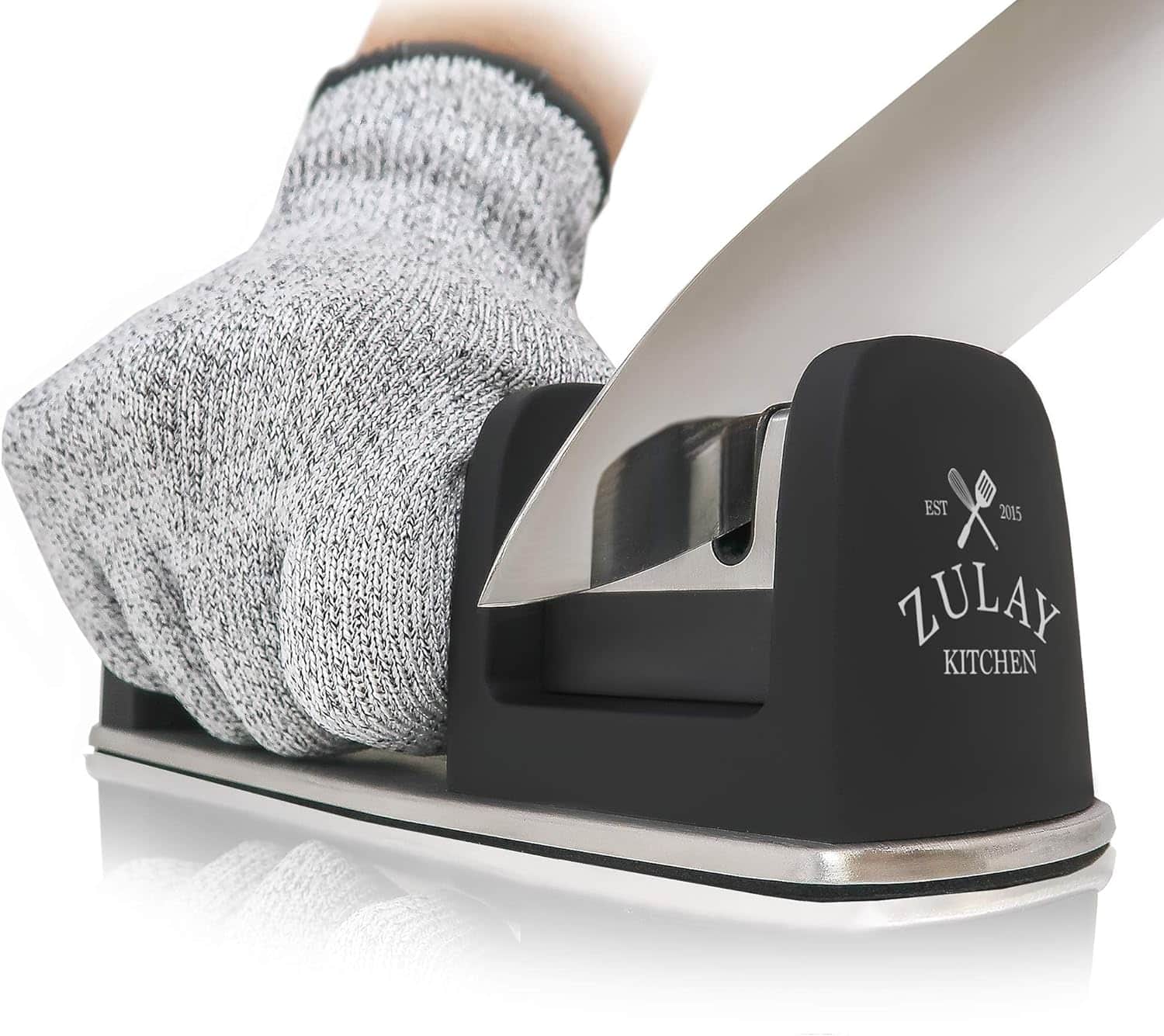 Zulay Kitchen - Knife Sharpener & Cut-Resistant Glove - 2-Stage Knife Sharpening Tool Restores - Black