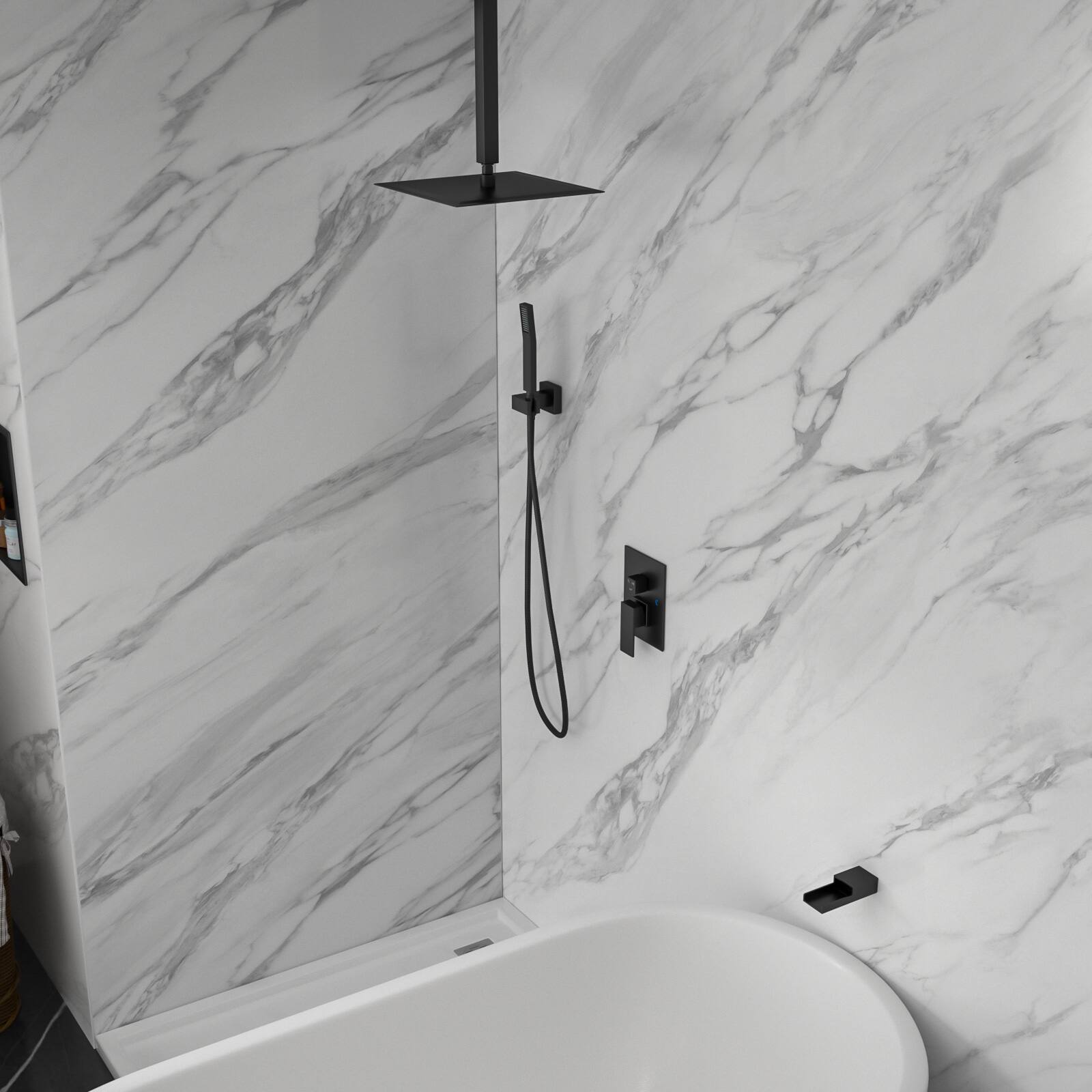Back. Lordear - Shower System with Waterfall Tub Spout,16 Inch Ceiling Mount Square Shower System with Rough-in Valve,Matte black - Matte black.