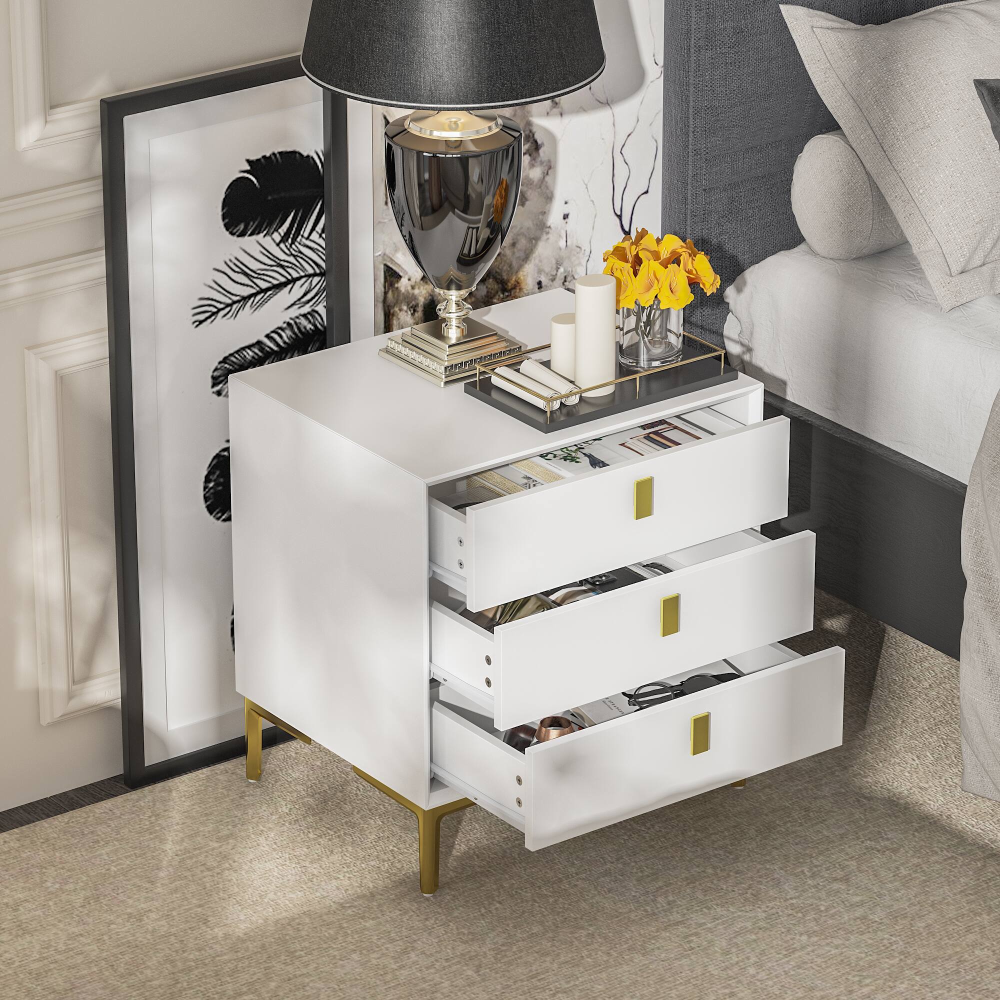 Angle. FUFU & GAGA - Luxury 3 Drawer Nightstand Bedside Table with Gold Accents Modern End Table Storage Cabinet for Bedroom Living Room - White.