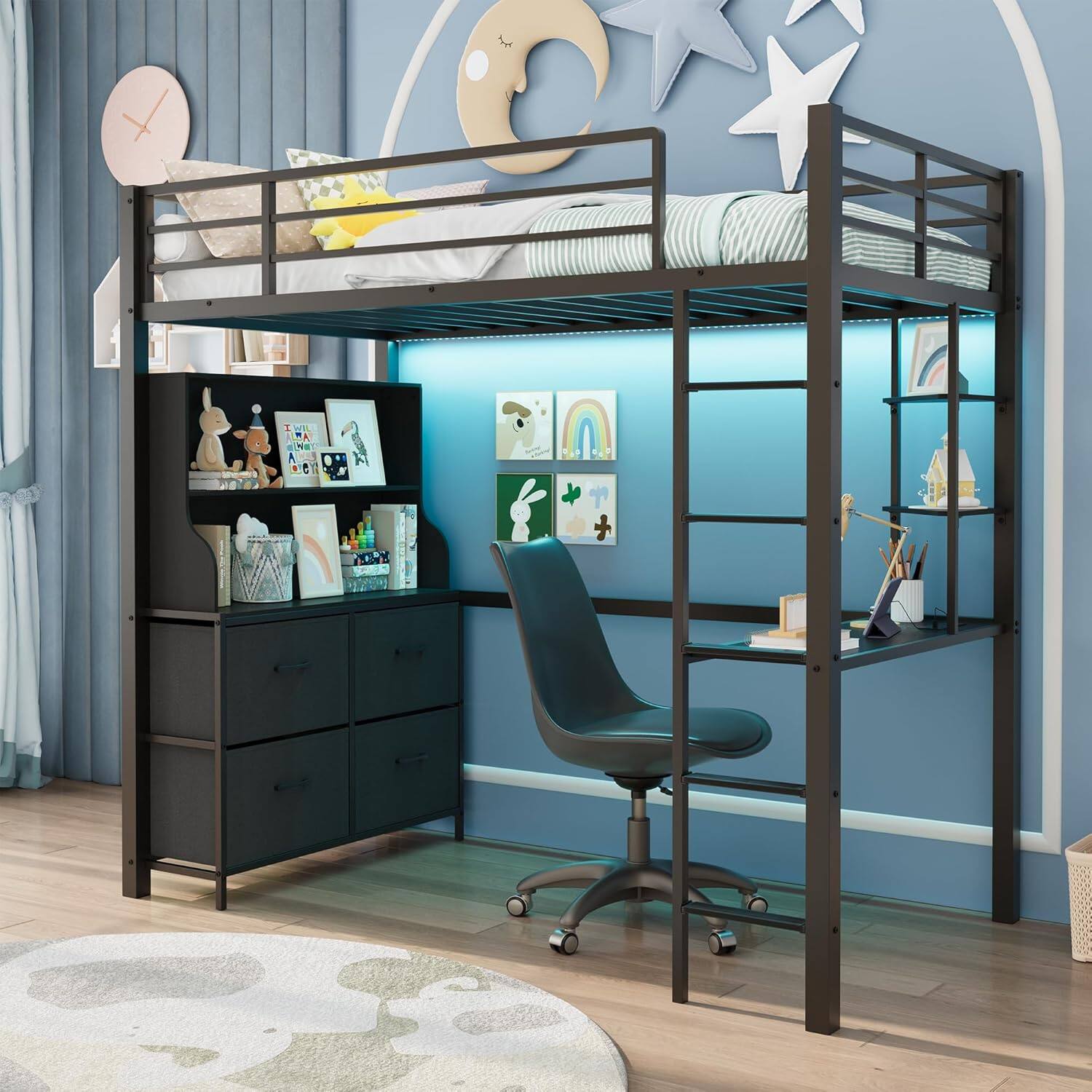 Front. Acekool - Twin Loft Bed with Desk, 4 Fabric Drawers & 2 Shelves, Metal Loft Bed with LED Lights, USB Charging Station, Black - Black.