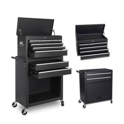 Front. Boyel Living - Black Tool Chest, 8-Drawer Rolling Tool Storage Cabinet with 2 in 1 Detachable Top Tool Box.