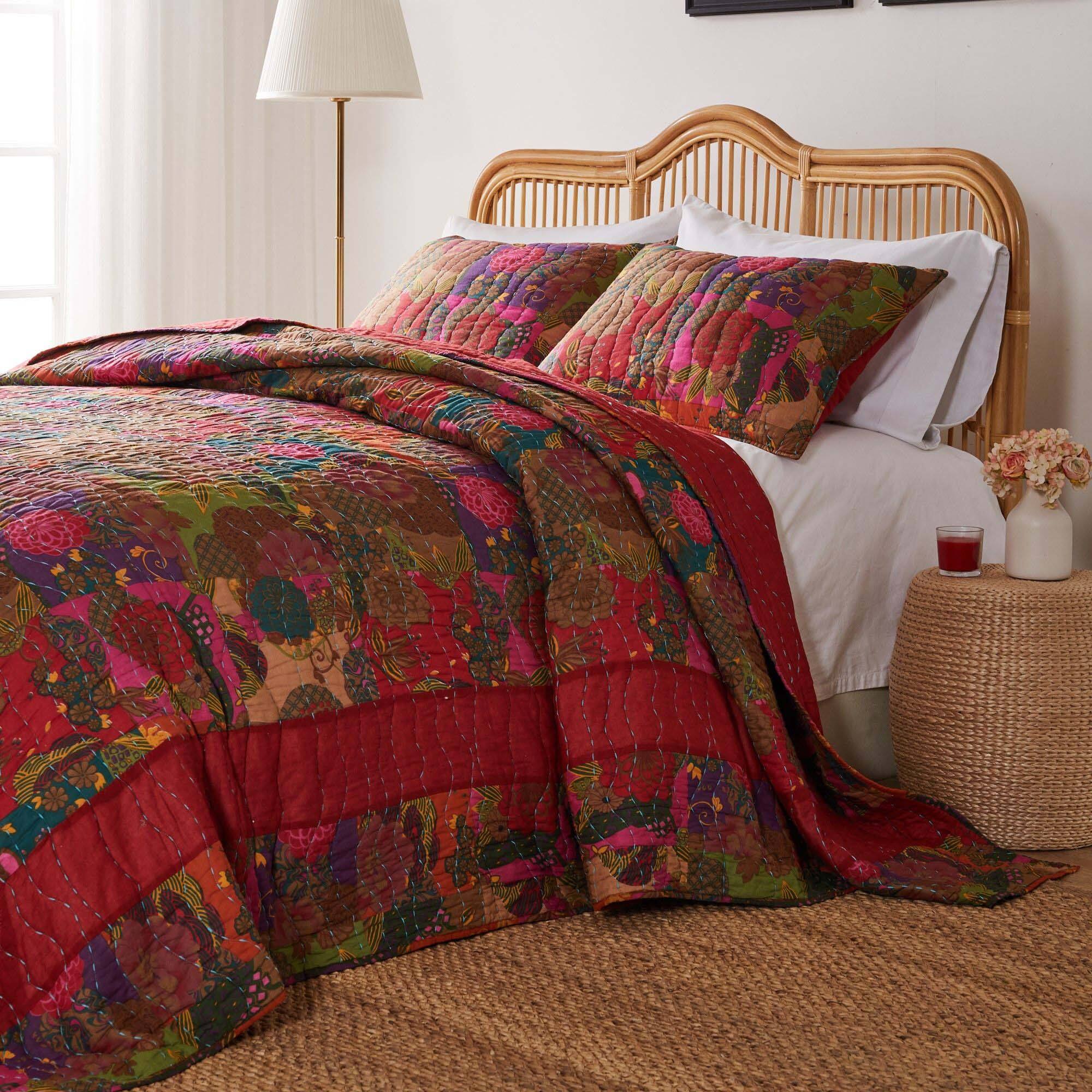 Alt View 2. Greenland Home Fashions - Greenland Home Fashions Jewel Cotton Kantha Quilted Bedspread Set - Jumbo Sized Reversible Quilt Set 3-Piece Queen Red - Multicolor.