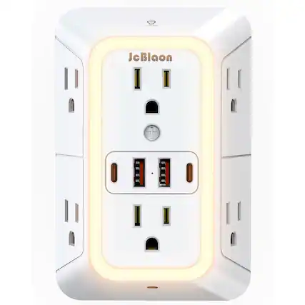Front. MOSZAR LLC - Outlet Extender with Night Light, 6 Outlets, 4 USB Ports, White - white.