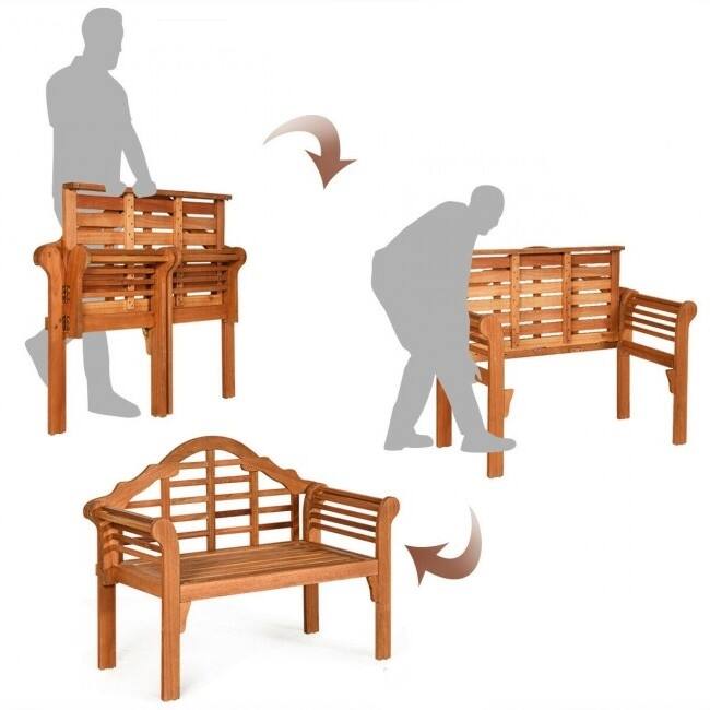 Angle. Hivvago - FarmHome Folding 2 Seater Garden Eucalyptus Bench - Brown.