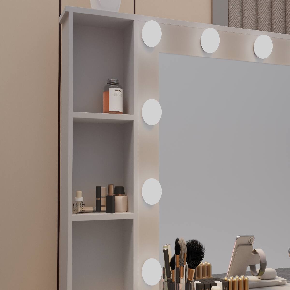 Alt View 1. Loheer - Loheer makeup vanity desk with mirror and lights, White Vanity Table with Seven Drawers - White.