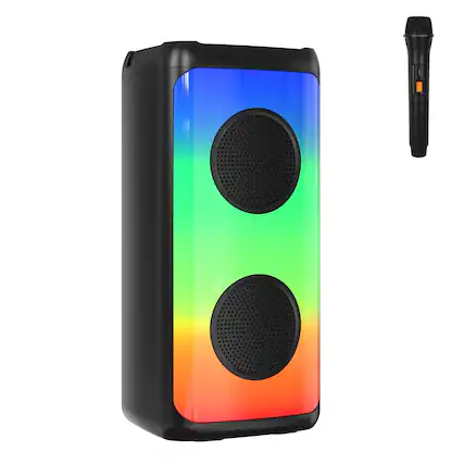 Front. MOVSSOU - Karaoke Machine with LED Lights & Wired Microphone - Portable Bluetooth Speaker for Adults & Kids, Supports AUX/USB/TF.