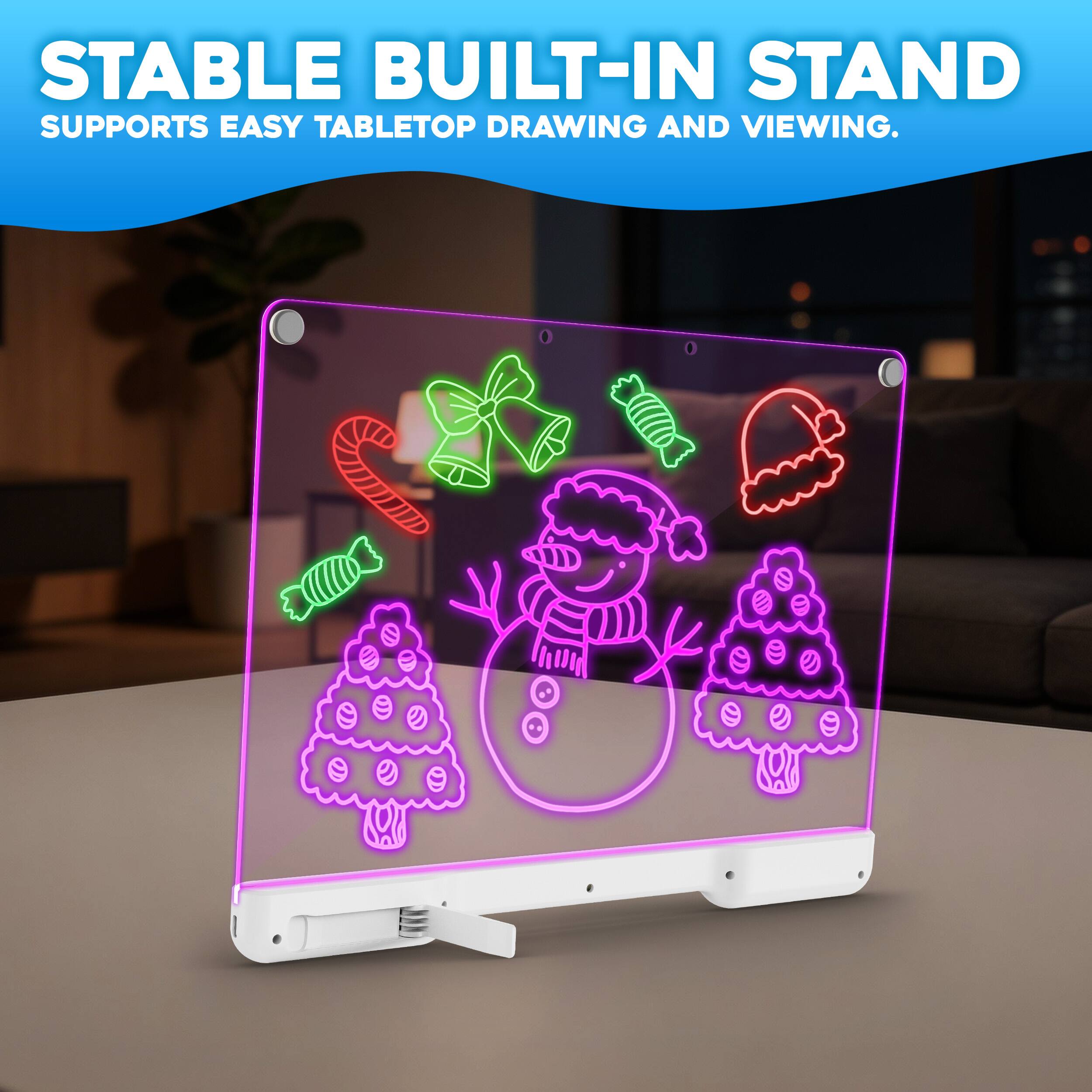 STABLE BUILT-IN STAND SUPPORTS EASY TABLETOP DRAWING AND VIEWING.