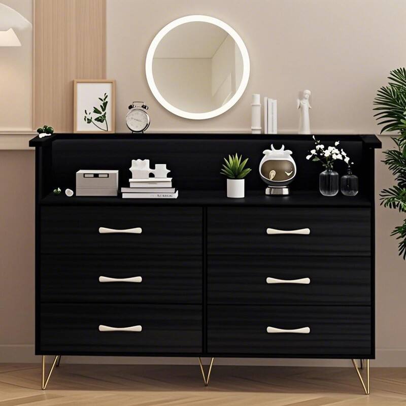 Alt View 4. GARVEE - 6 Drawer Dresser with LED Lights and Charging Station, Double Wide Chest with Shelf for Bedroom, Black - Black.