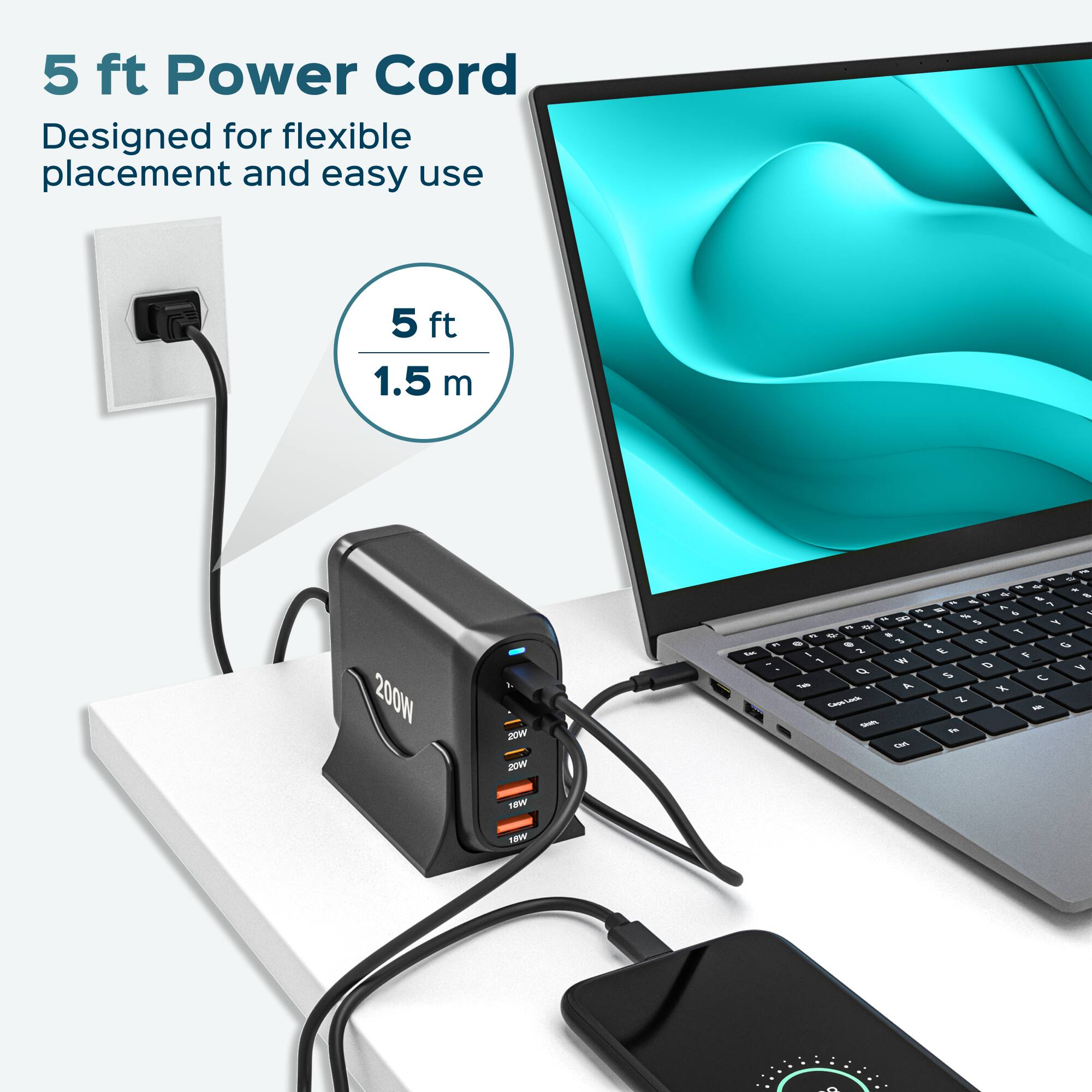 5 ft Power Cord  
Designed for flexible placement and easy use  
5 ft 1.5 m  
200W