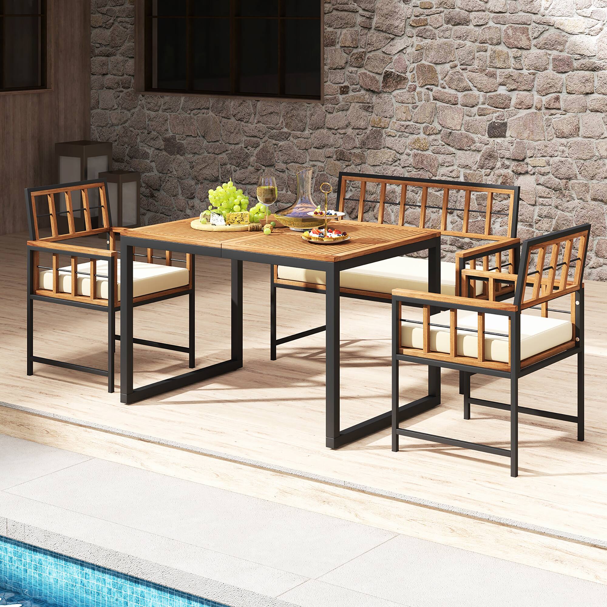 Alt View 3. Gymax - Gymax 4 PCS Acacia Wood Patio Dining Set w/ 1 Rectangular Table 1 Loveseat & 2 Armchairs - Natural, Black, Beige.