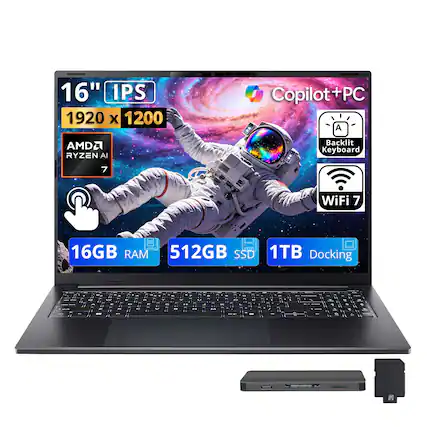 16" IPS CAR 1920 X 1200 Copilot+PC + PC A AMD2 RYZEN AI Backlit Keyboard 7 WiFi 7 16GB RAM 512GB SSD 1TB Docking