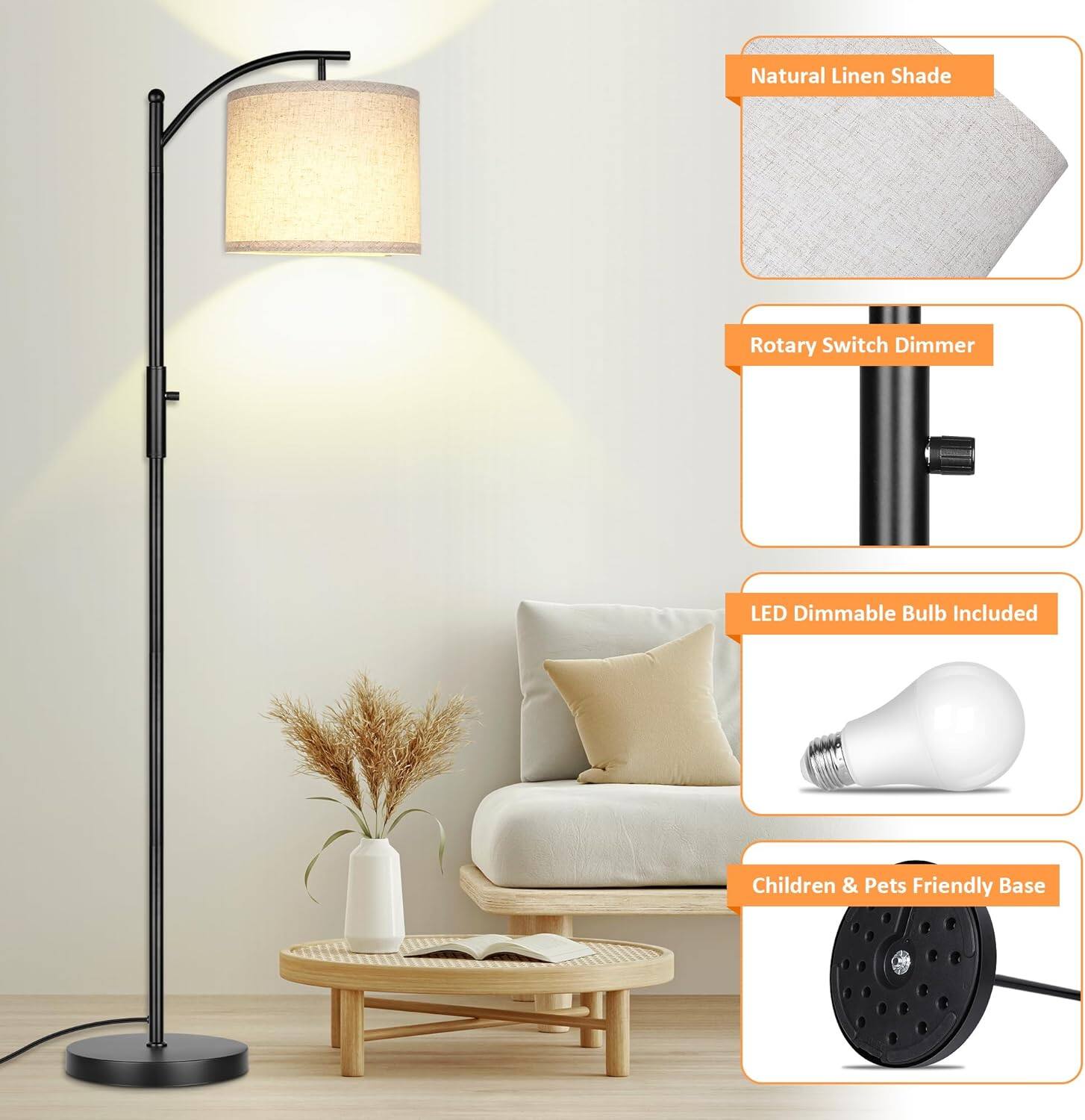 - Natural Linen Shade
- Rotary Switch Dimmer
- LED Dimmable Bulb Included
- Children & Pets Friendly Base