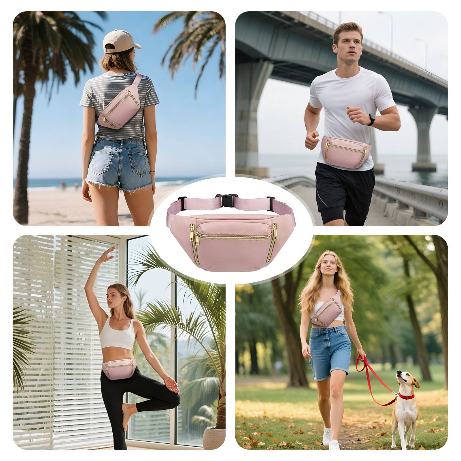 Alt View 5. Unique Bargains - Crossbody Fanny Pack with 5-Zipper Pockets Waterproof Nylon Anti Theft Waist Bag for Women Men for Sports Traveling - Pink.