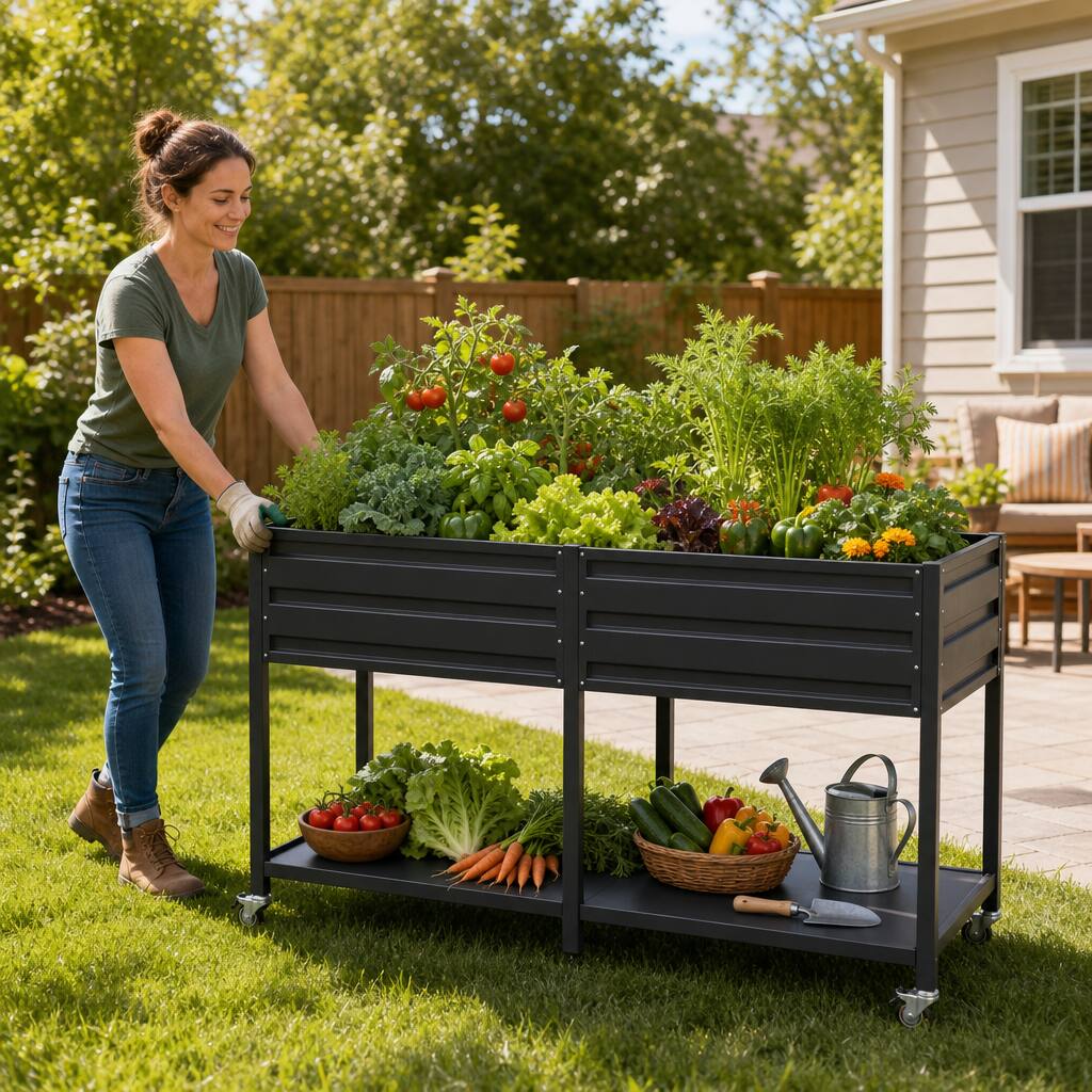 Back. Loheer - Loheer Elevated Raised Garden Bed with Wheels Metal Planter Box Two Tier Patio Rolling Planter with Storage Shelf.