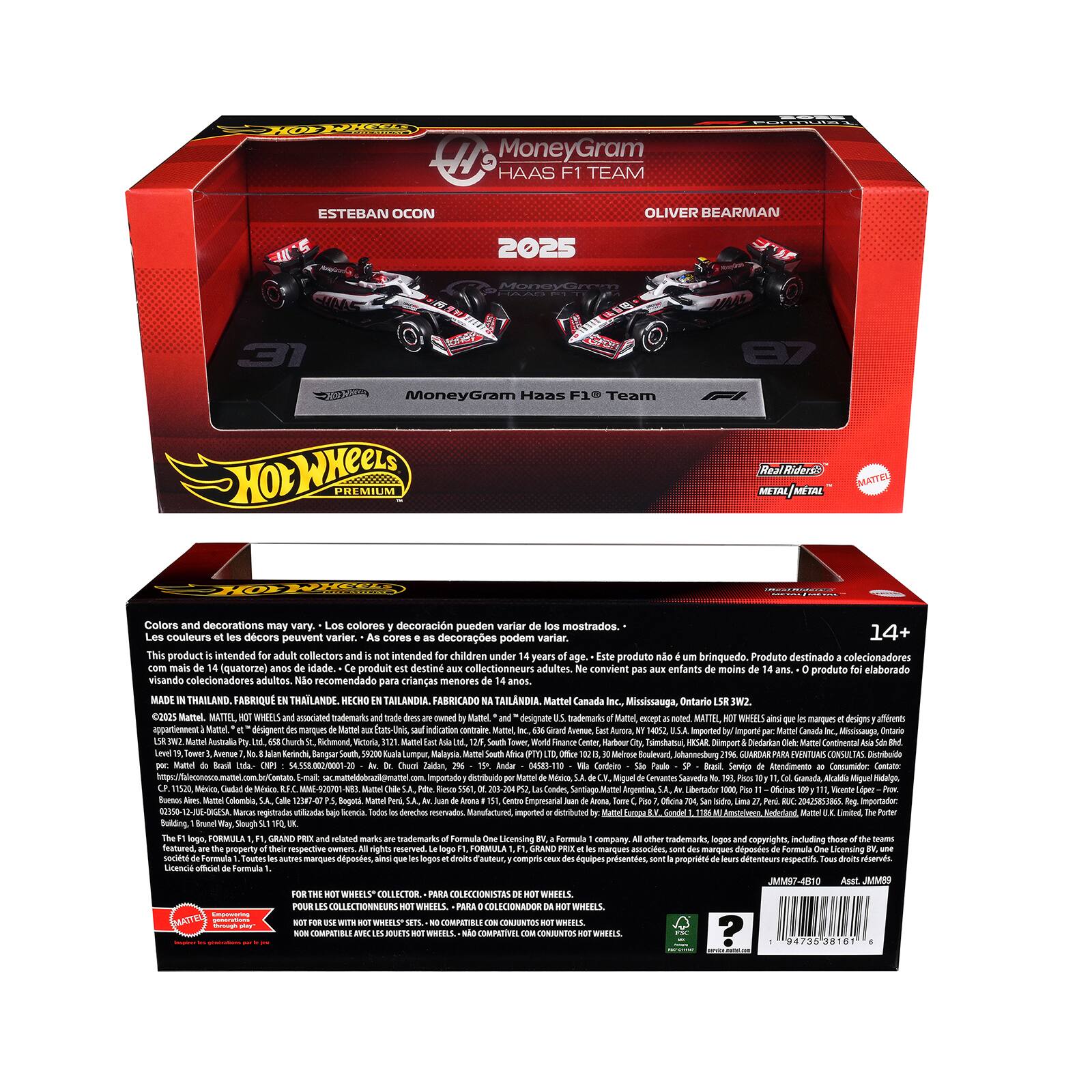 MoneyGram HAAS F1 TEAM ESTEBAN OCON OLIVER BEARMAN 2025

MoneyGram Haas F1 Team

HOWKeeTS PREMIUM

Colors decorations vary colores decoración pueden variar mostrados. couleurs décor peuvent varier. cores decorações podem variar.

14+ product intended adult collectors intended children under years producto brinquedo. Produto destinado colecionadores (quatorze) idade. produit destiné collectionneurs adultes convient enfants moins de 14 ans.

MADE THAILAND. FABRIQUE THAILANDE. NECHO TAILANDIA ABRIKADO TAILANDIA

Mattel Canada Mississauga, Ontario

Hot Wheels

Real Riders METAL/METAL

MoneyGram

Hot Wheels

Premium

MoneyGram Haas F1 Team

ESTEBAN OCON

2025

OLIVER BEARMAN

31

87