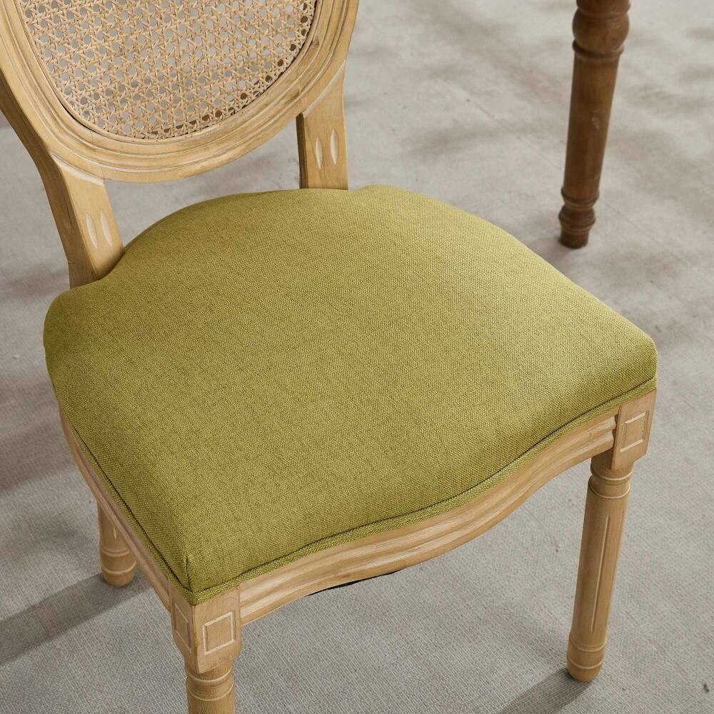 Alt View 7. Loheer - Loheer French Style Solid Wood Rattan Back Dining Chair Set of 2, Olive Green Linen - Olive-Green.