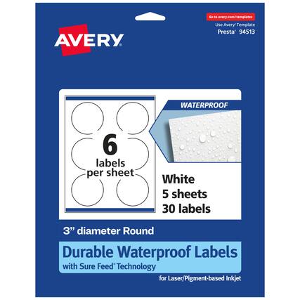 Go to avery.com/templates
AVERY
Use Avery Template Presta 94513
WATERPROOF
6 labels per sheet
White 5 sheets 30 labels
3" diameter Round
Durable Waterproof Labels with Sure Feed Technology for Laser/Pigment-based Inkjet