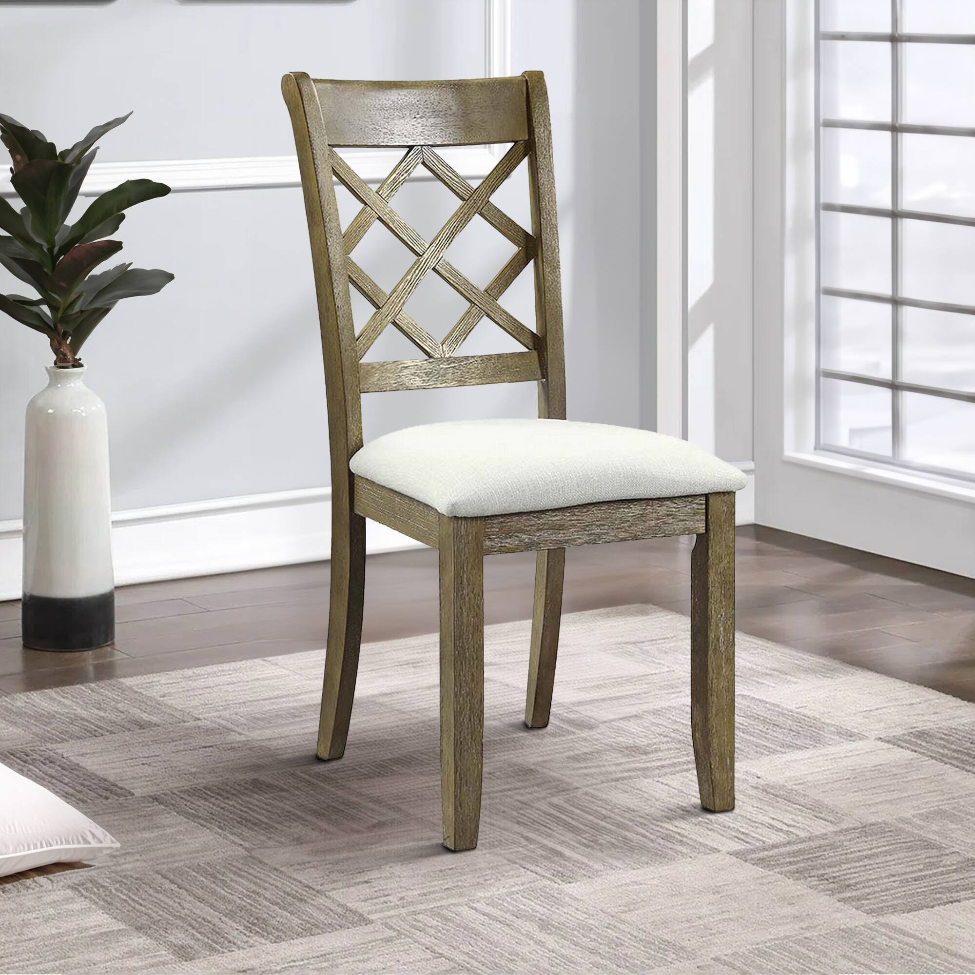 Alt View 5. Manhattan Lane - 23 Inch Wood Dining Chair, Set of 2, Cross Accent Backrest, Padded - Beige, Rustic Oak.