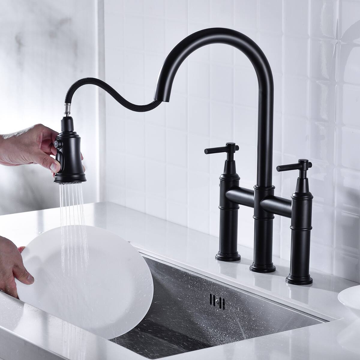 Alt View 1. Ropilly - Ropilly Bridge Kitchen Faucet with Pull Down Spray Head, Matte Black Finish, Dual Handle Brass Kitchen Faucet - Matte Black.