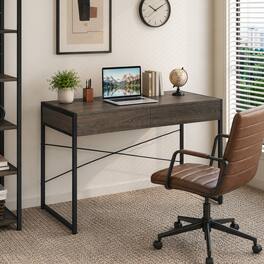 WELLFOR - 44" Computer Desk with 2 Drawers, Writing Desk Study Desk for Home Office - Oak