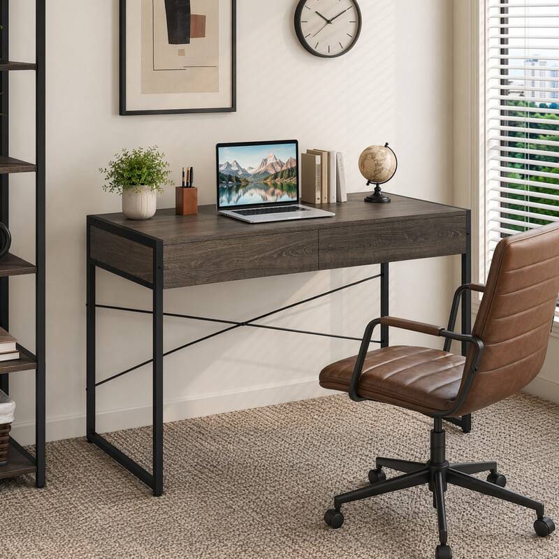 Front. WELLFOR - 44" Computer Desk with 2 Drawers, Writing Desk Study Desk for Home Office - Oak.