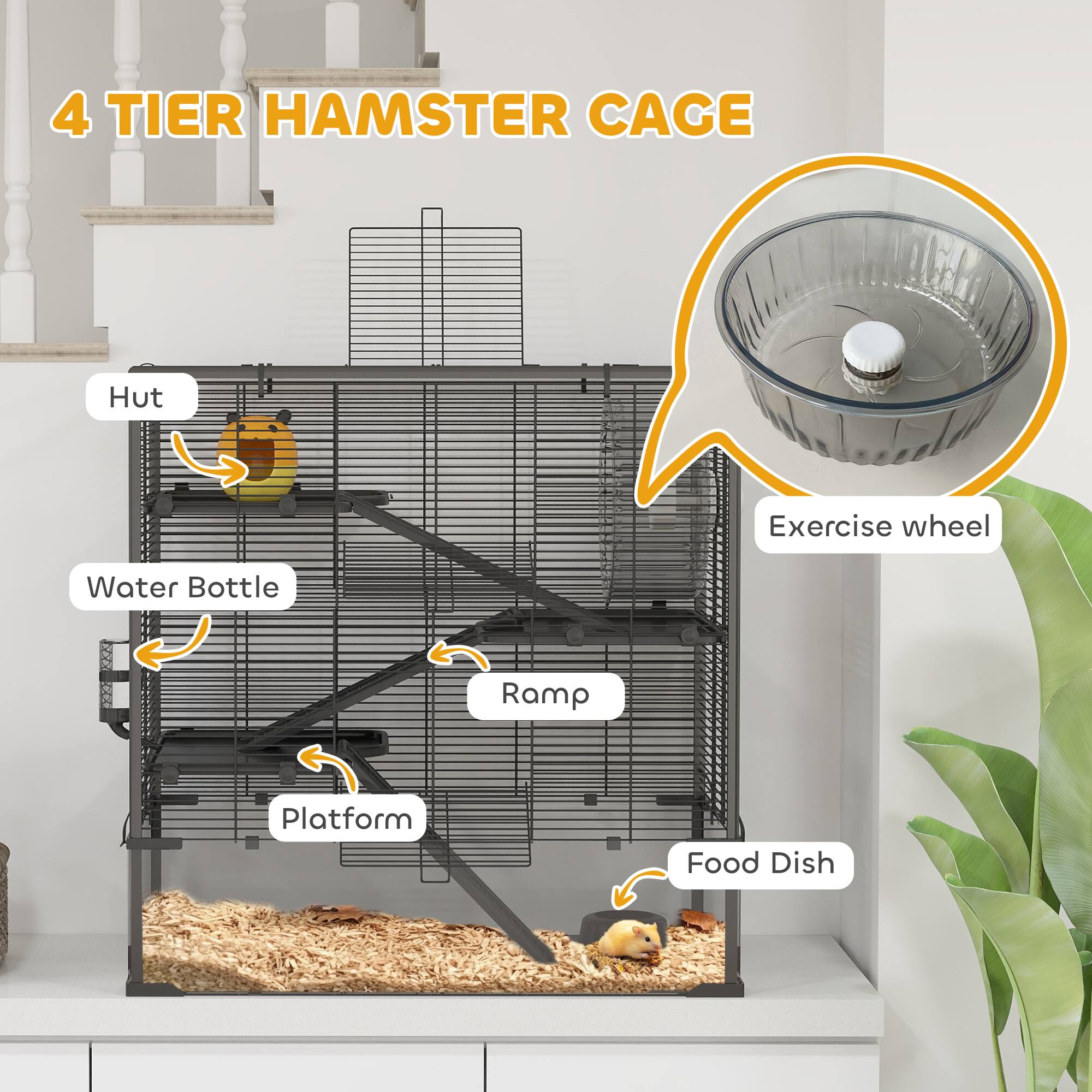 4 TIER HAMSTER CAGE

- Hut
- Water Bottle
- Ramp
- Platform
- Food Dish
- Exercise wheel