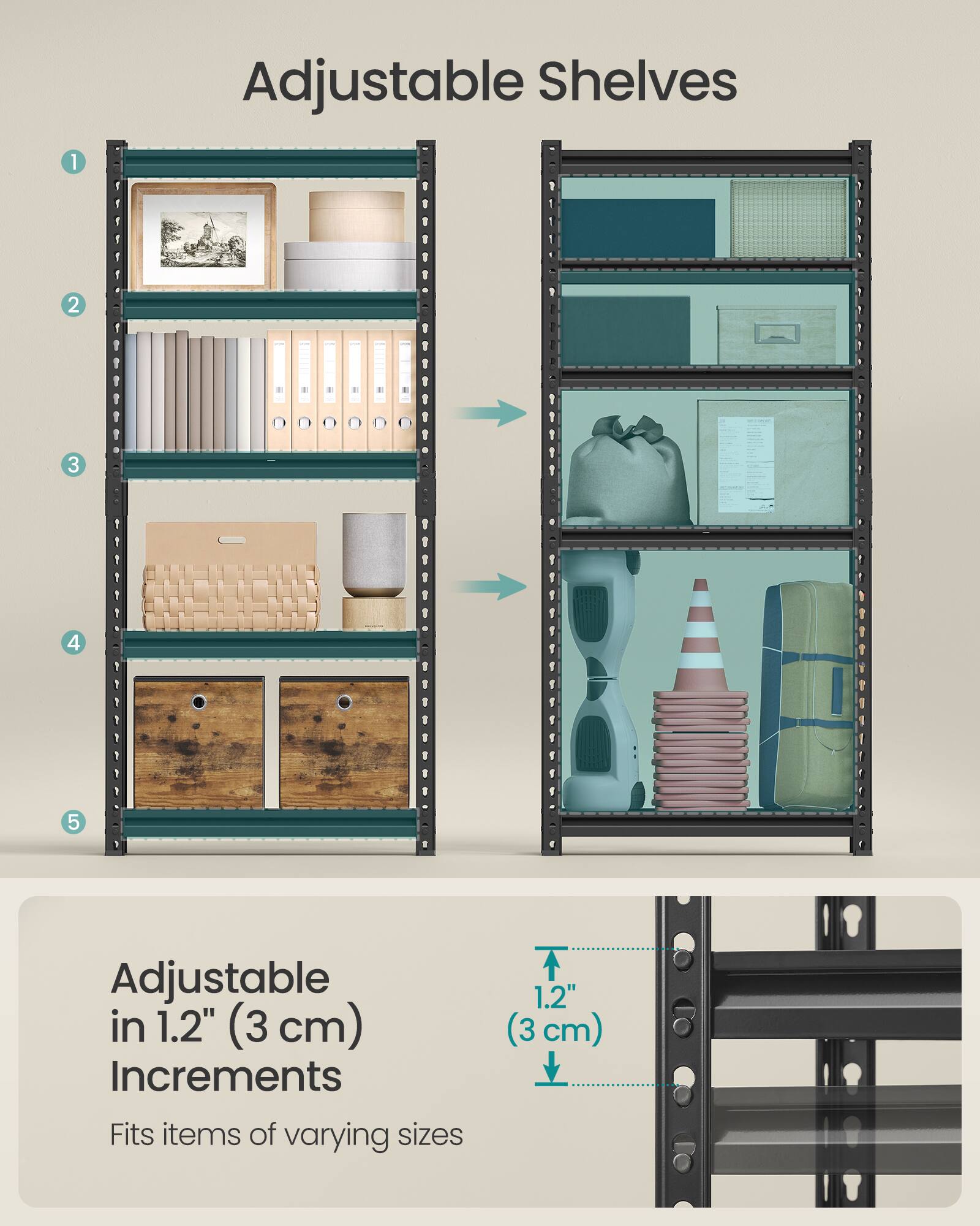 Adjustable Shelves

1. Adjustable in 1.2" (3 cm) Increments
2. Fits items of varying sizes