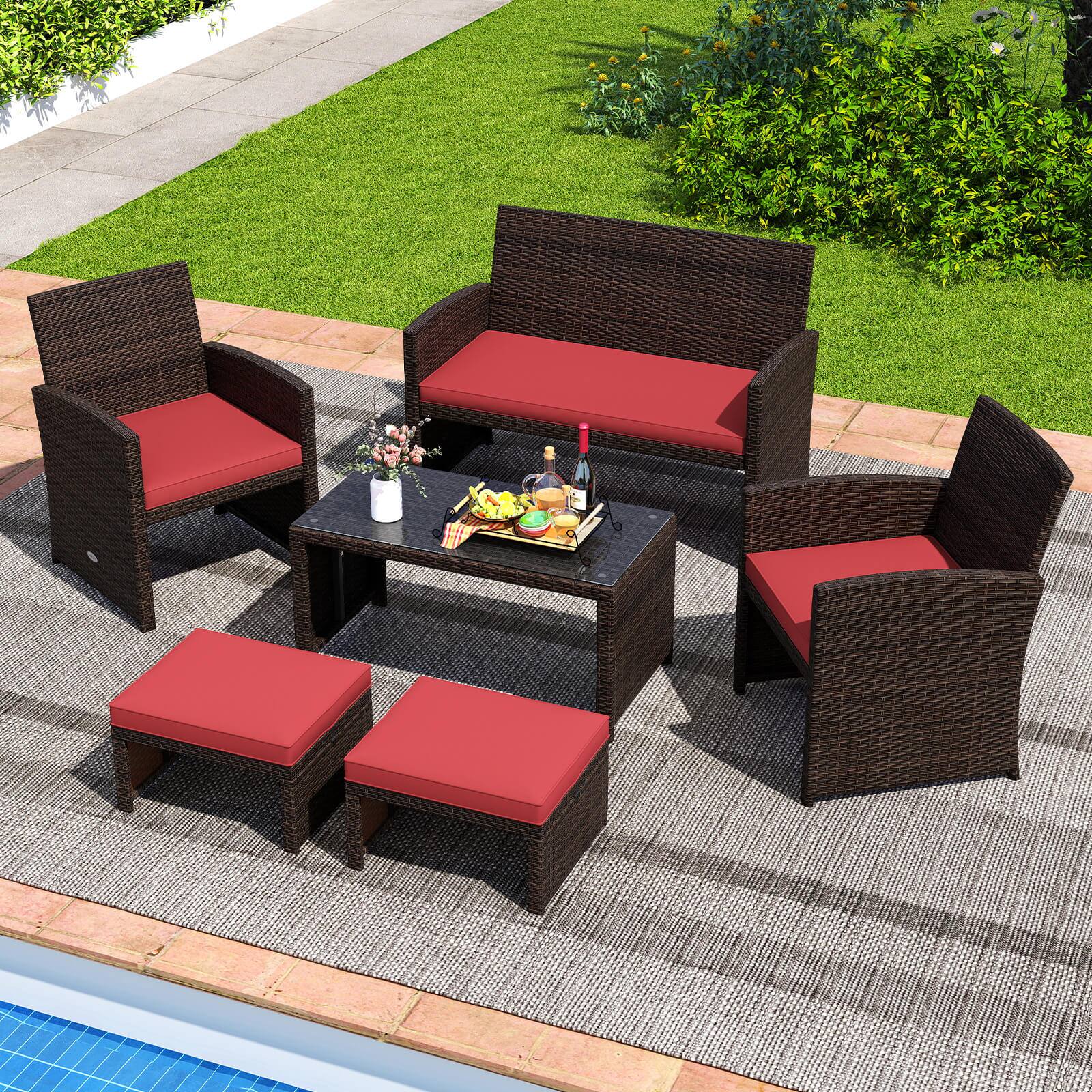 Alt View 4. Costway - Costway 2 PCS Patio PE Rattan Ottomans with Soft Zippered Cushions for Deck Outdoor Red - Red.